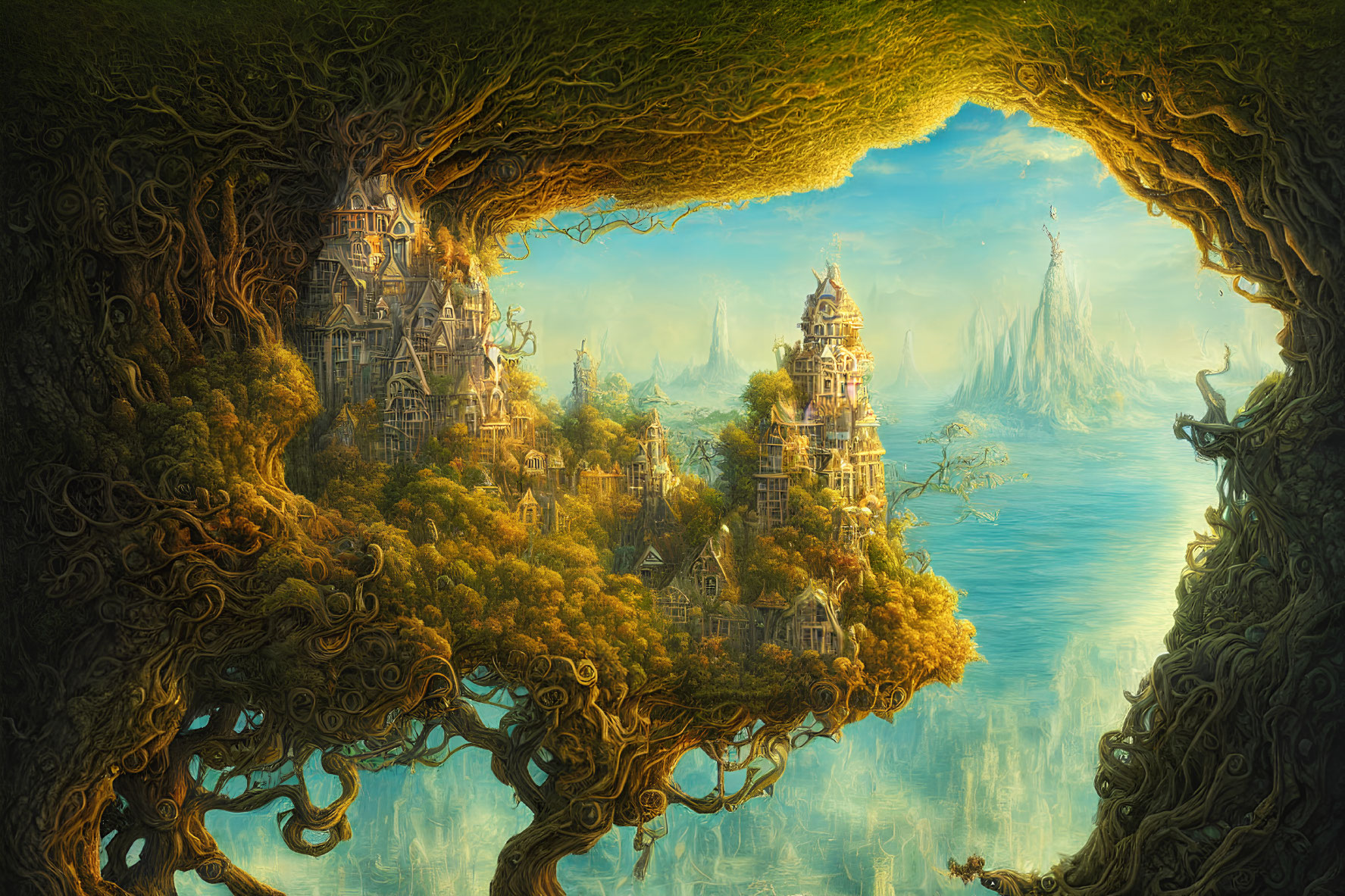 Mystical treehouses in enchanted forest by serene ocean