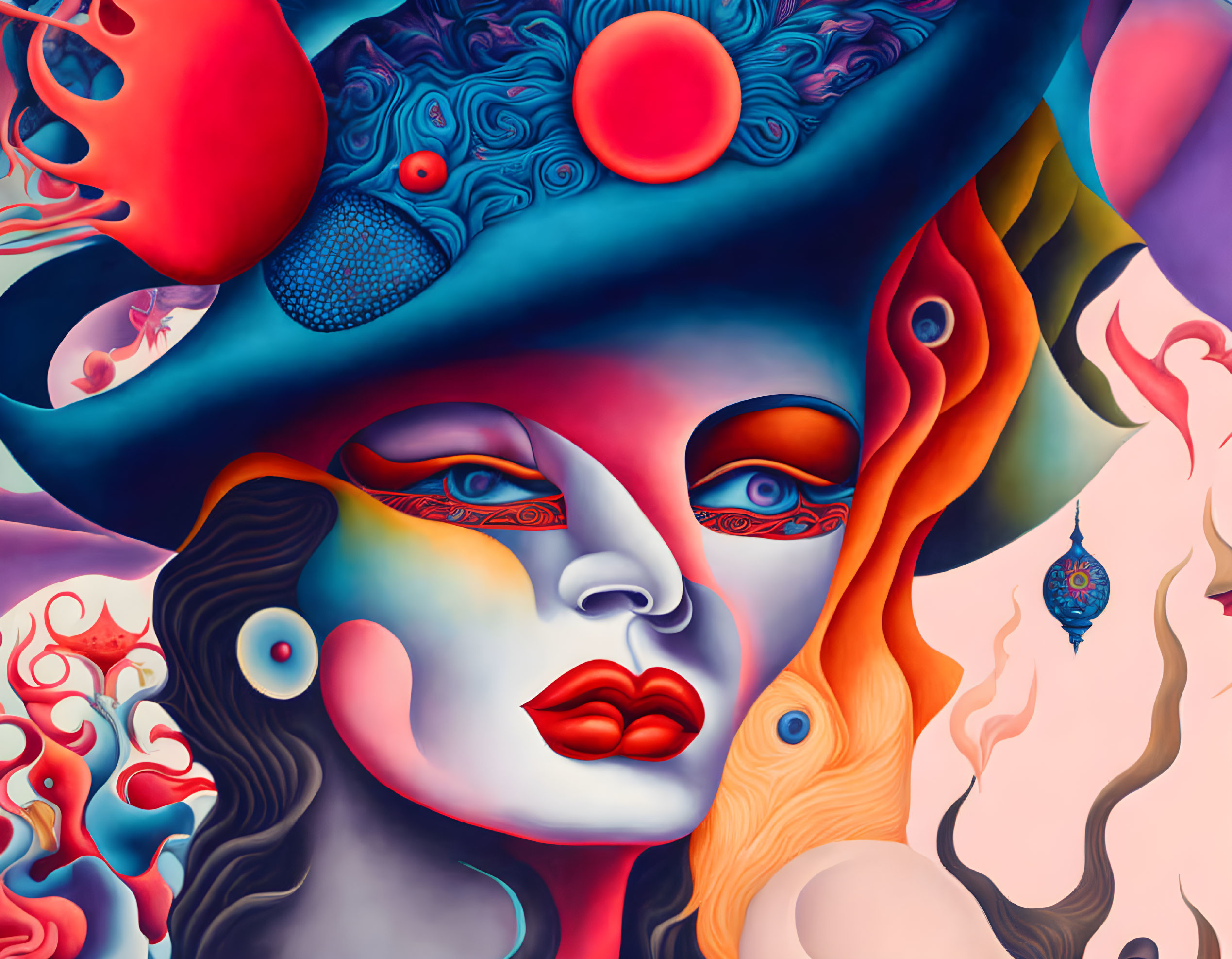 Surreal artwork: Female figure with blue hair and decorated mask against fantastical background