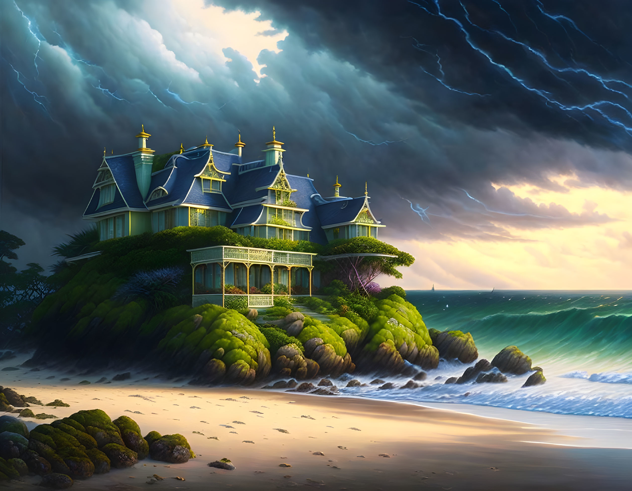 Victorian-style mansion on rocky outcrop by stormy sea with crashing waves