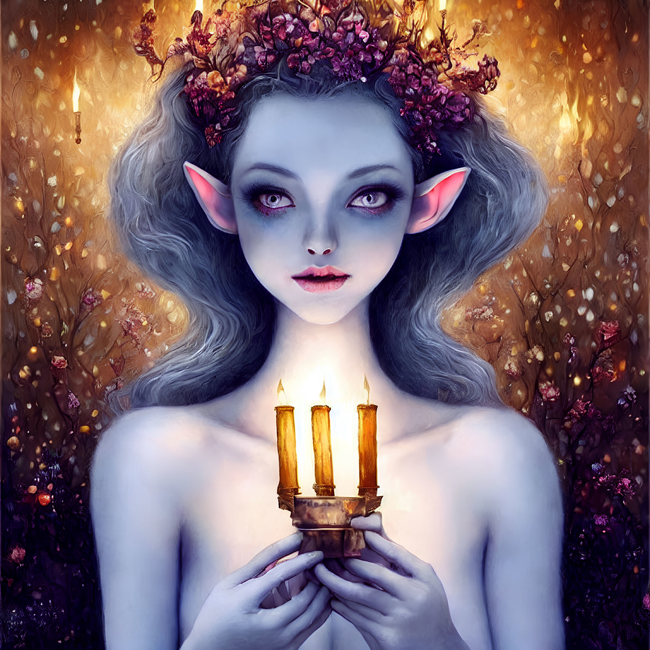 Elf Fantasy Portrait with Large Ears and Candles in Mystical Floral Aura