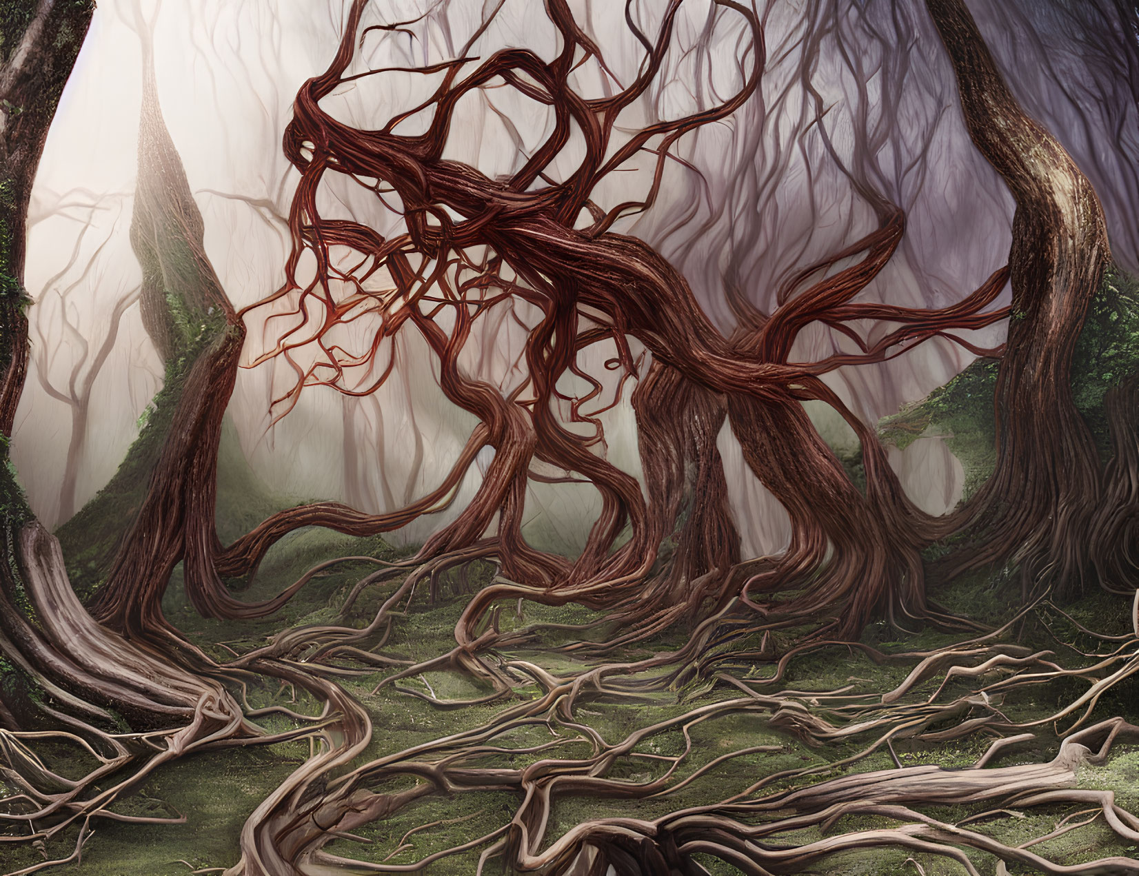 Ethereal forest with twisted trees in mystical fog