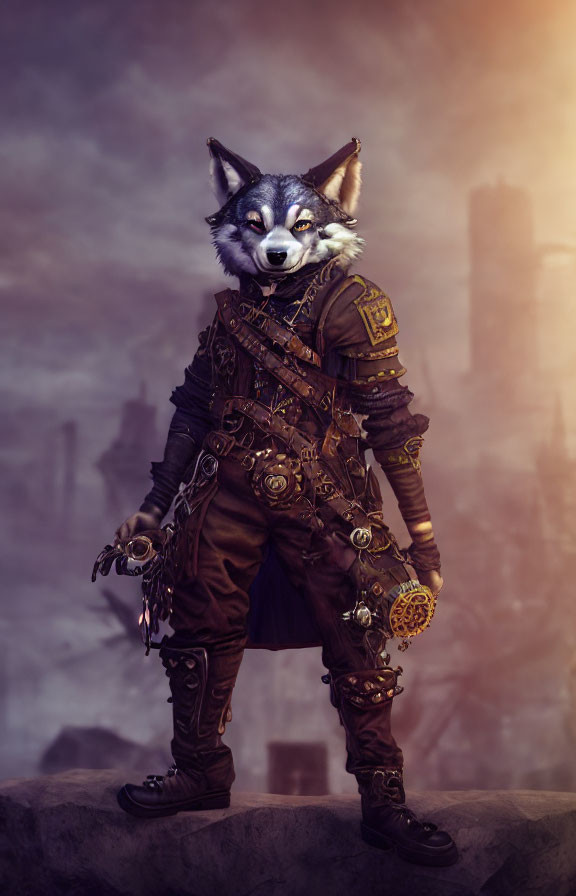 Intricate Steampunk Costume with Wolf Head Mask in Cityscape