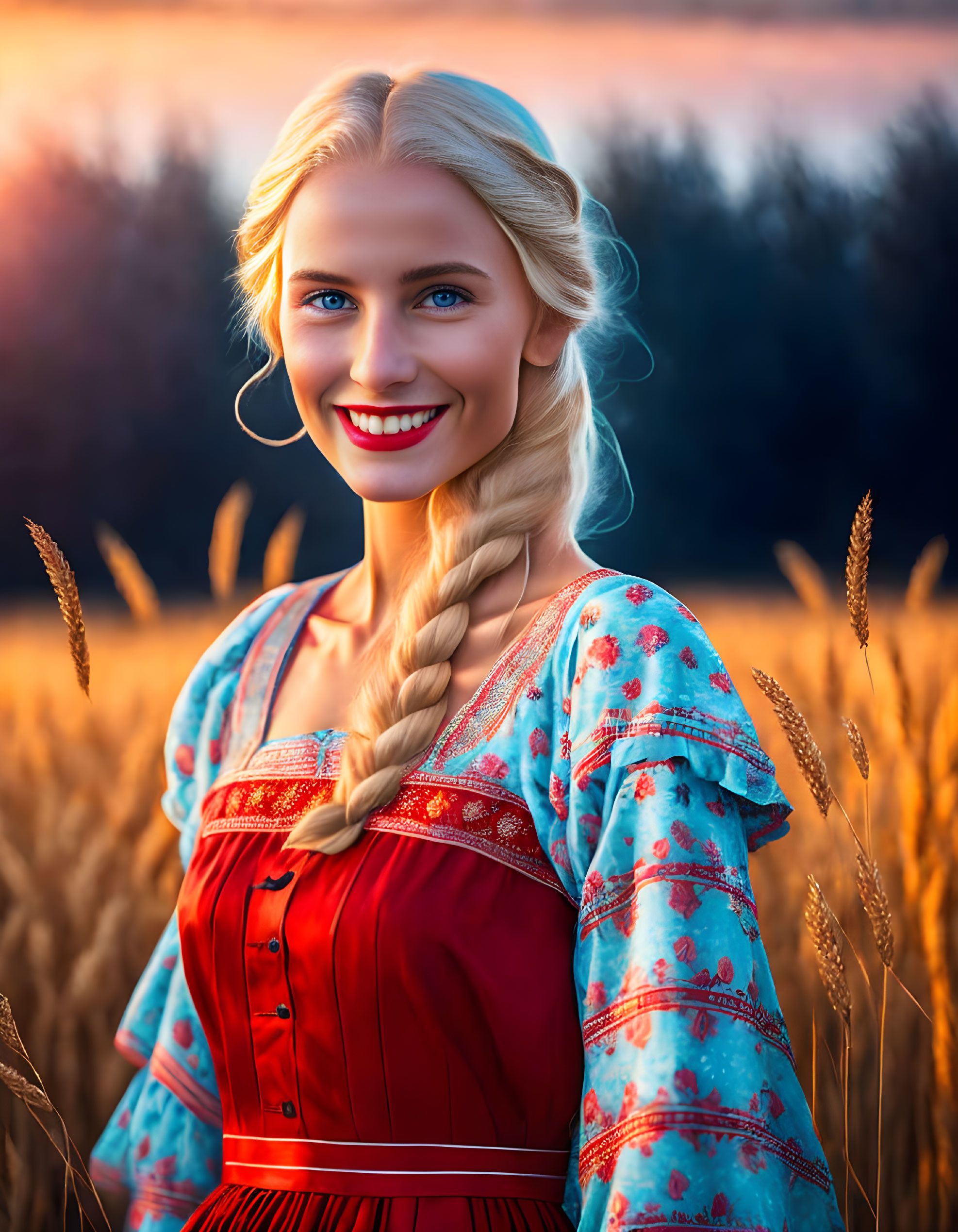 Blonde woman in red dress in wheat field at sunset | Deep Dream Generator