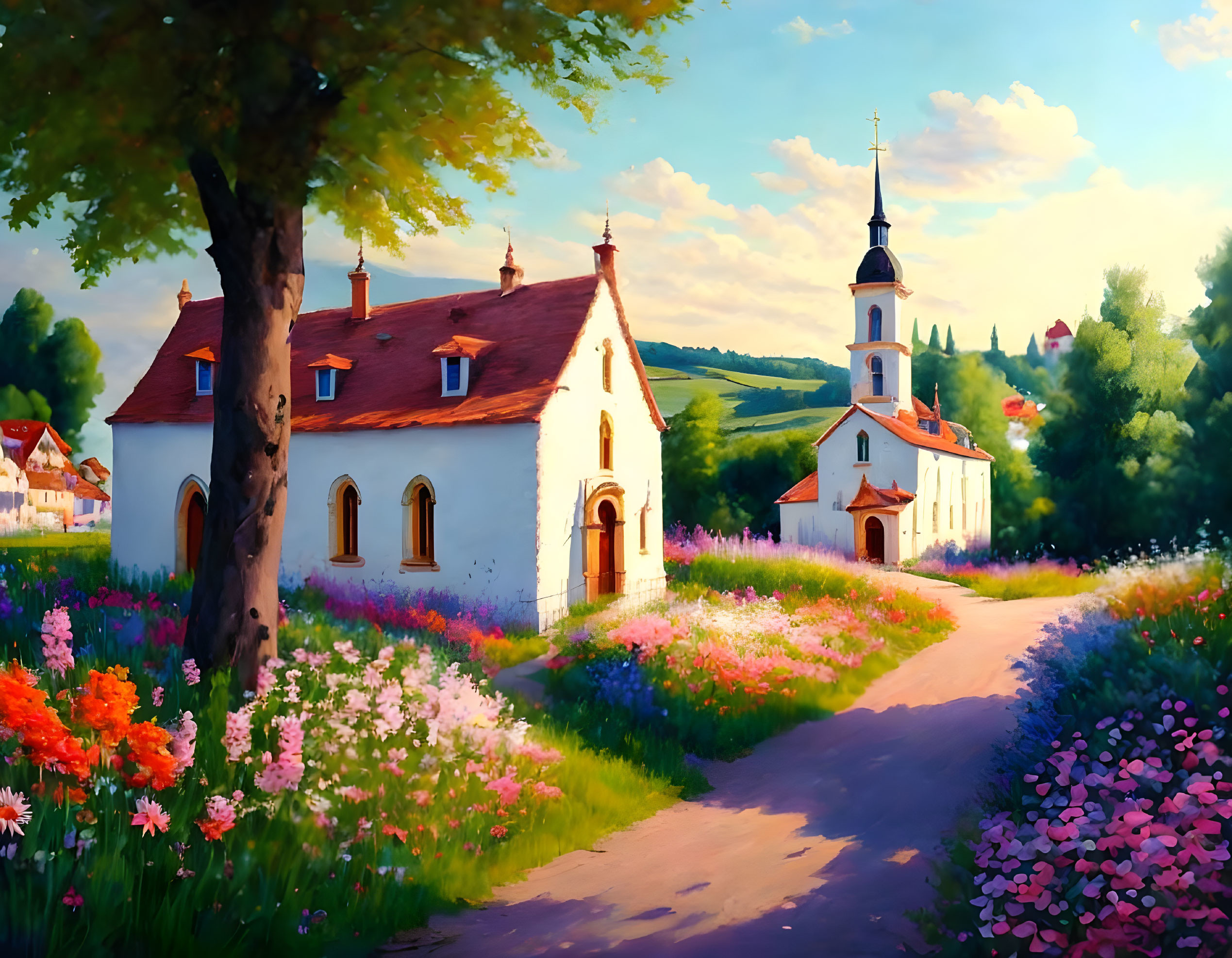 Charming rural scene with white church and blossoming flowers