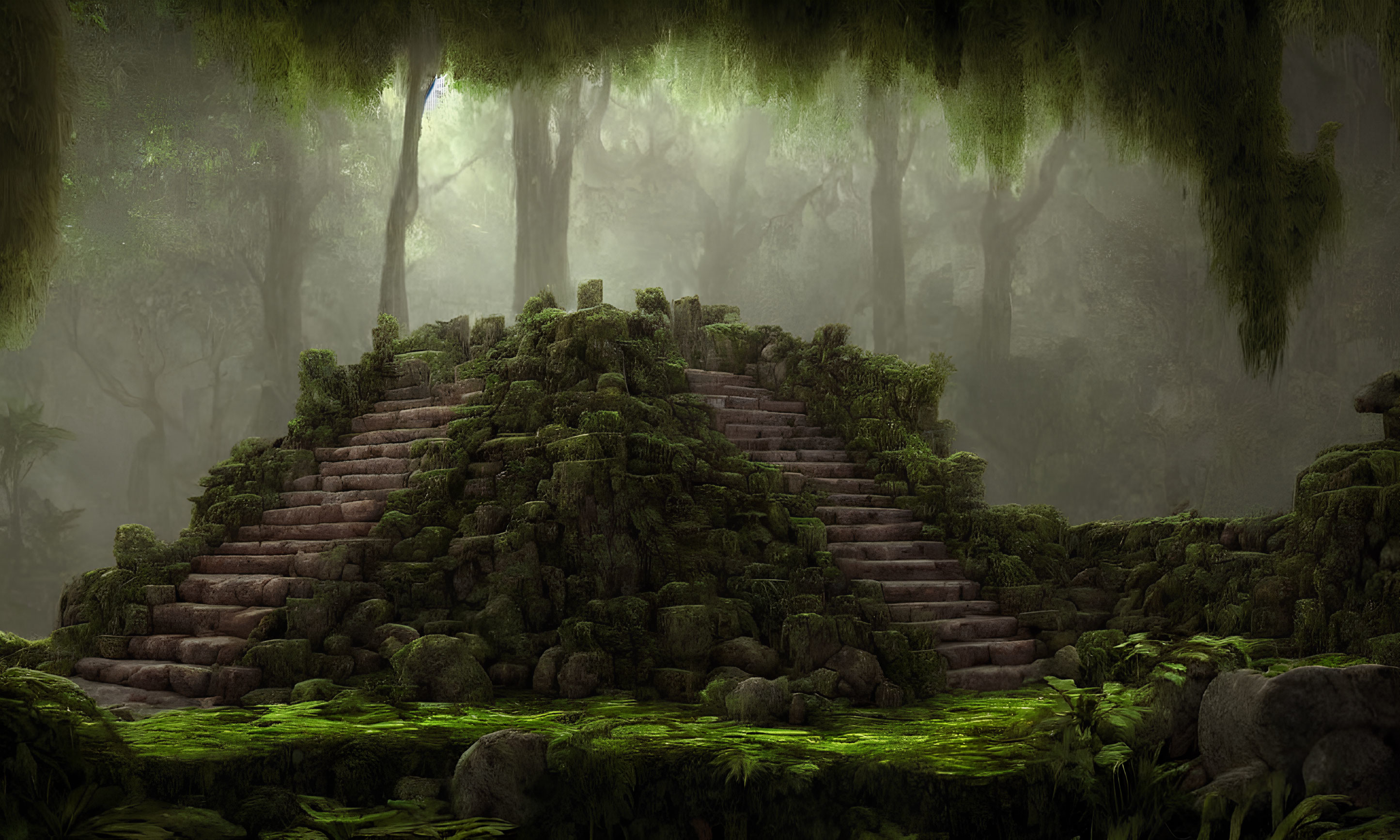 Moss-Covered Pyramid in Misty Forest with Vines