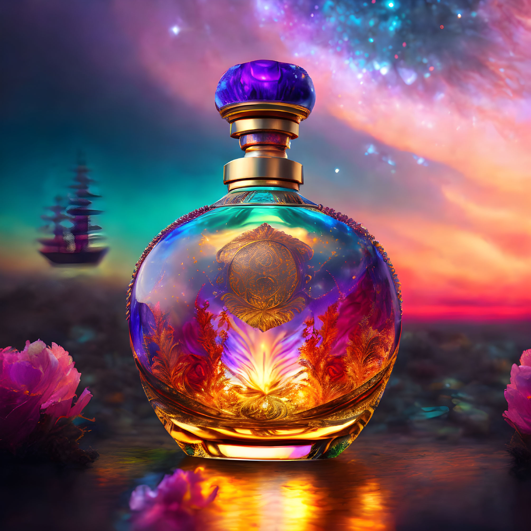 Ornate perfume bottle on cosmic background with mystical pagoda and sunset sky