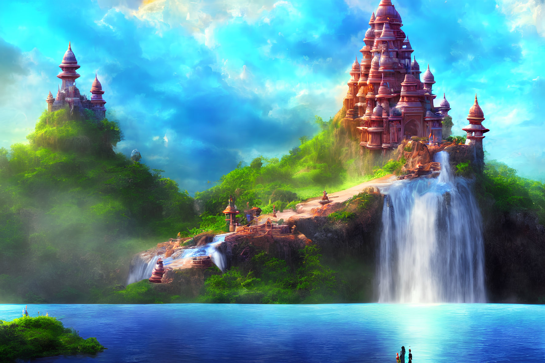 Majestic waterfall cascading into serene blue lake with ancient towers on lush green cliffs