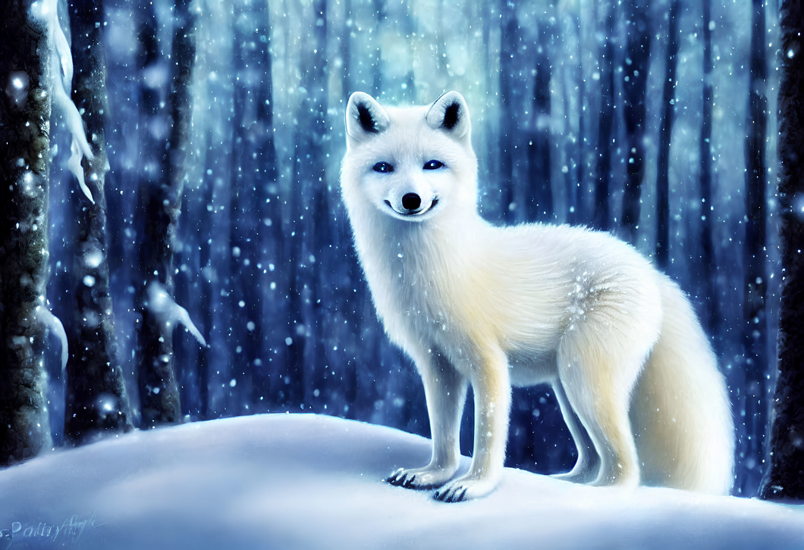 White Fox in Snowy Forest with Falling Snowflakes and Blue Eyes