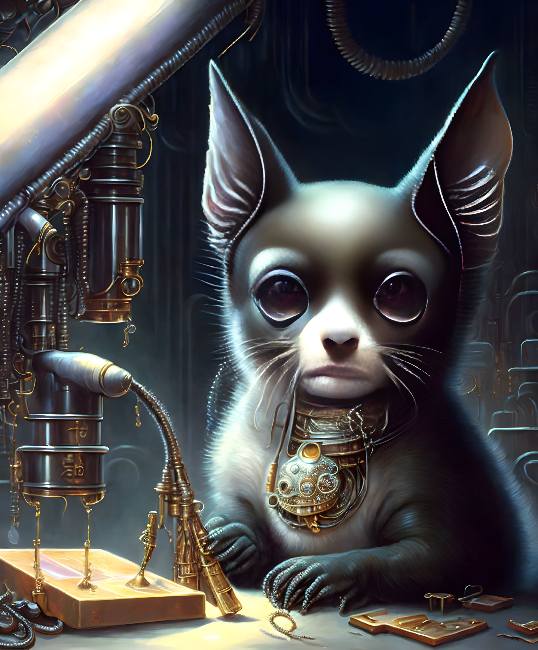 Futuristic cat with large eyes and mechanical body parts in steampunk setting