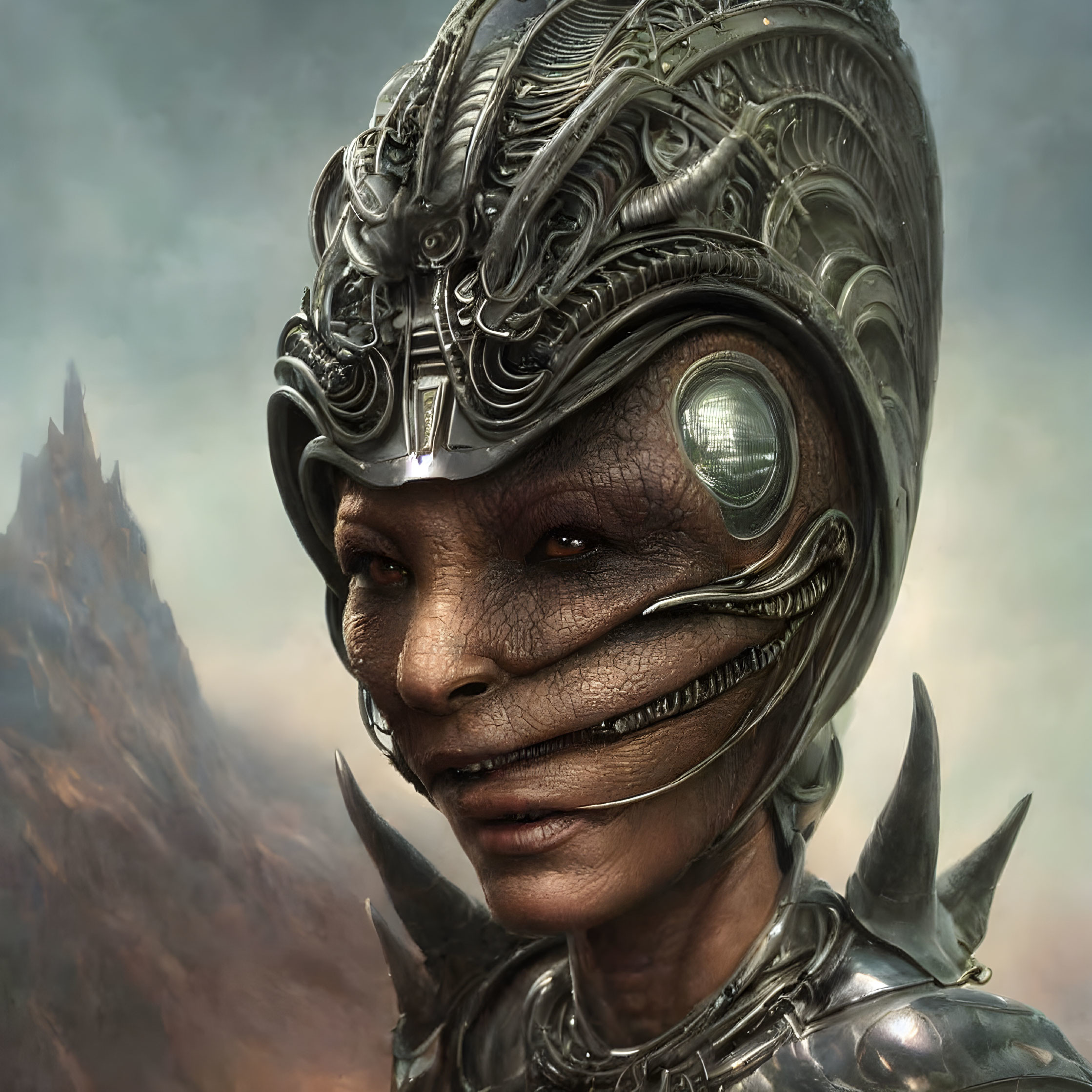 Detailed Alien Illustration with Metal Helmet in Misty Mountains