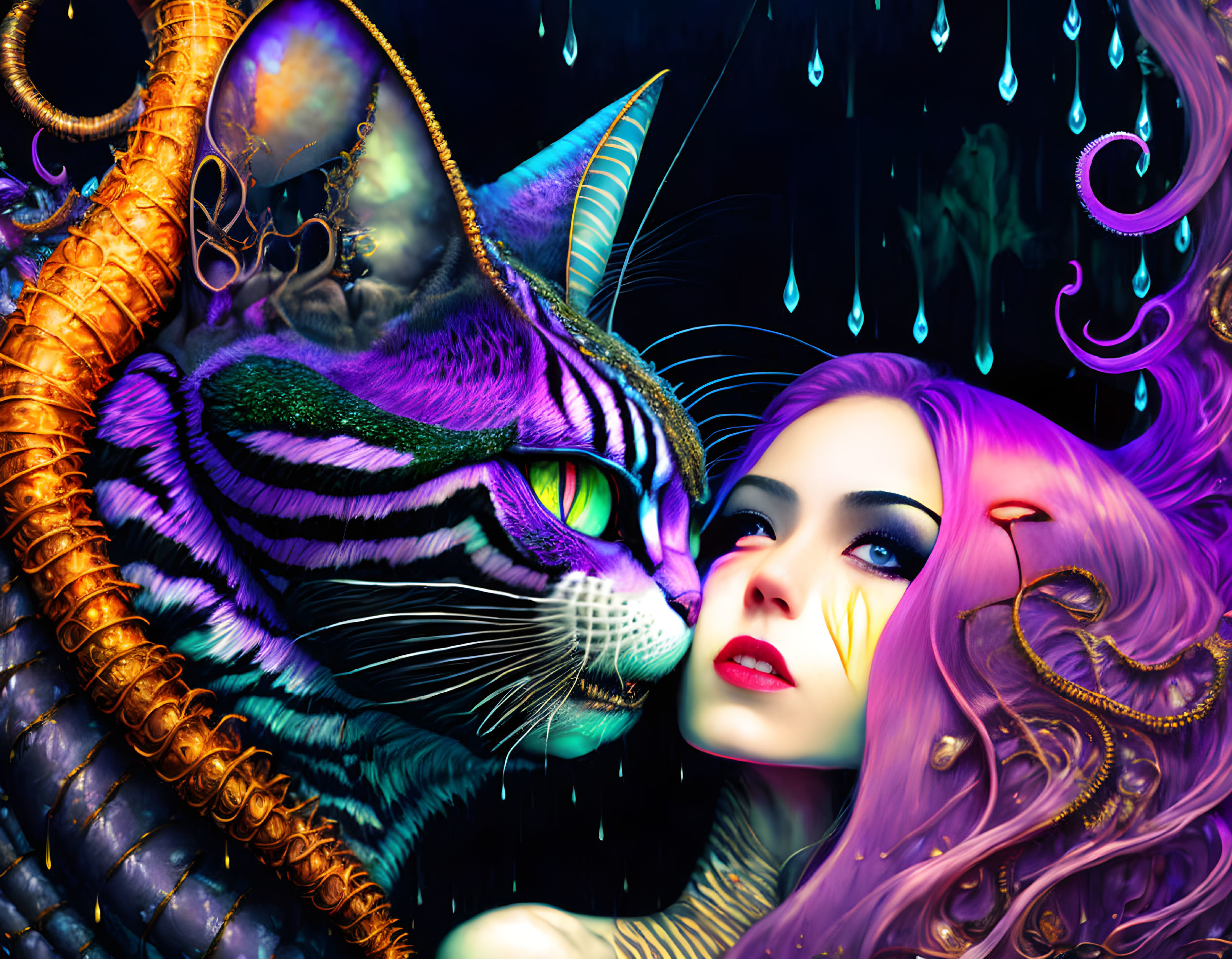 Colorful fantasy artwork of woman with purple hair and giant cat with glowing patterns on dark background