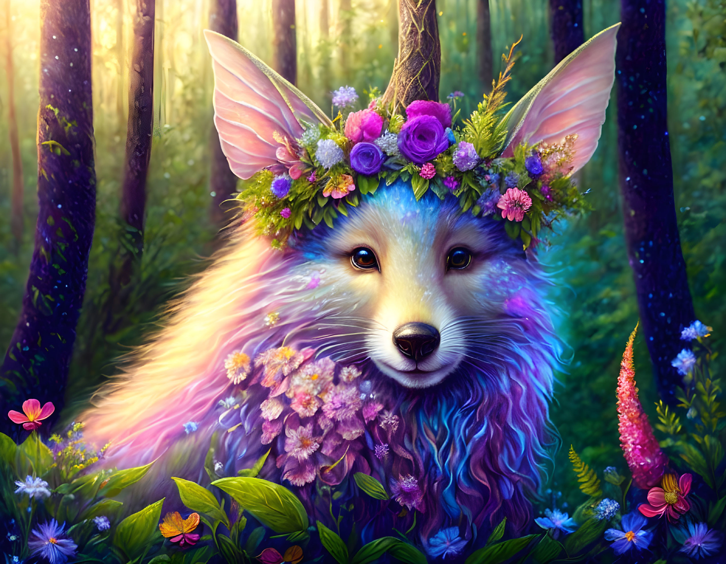 Colorful fox with floral crown in enchanted forest ambiance