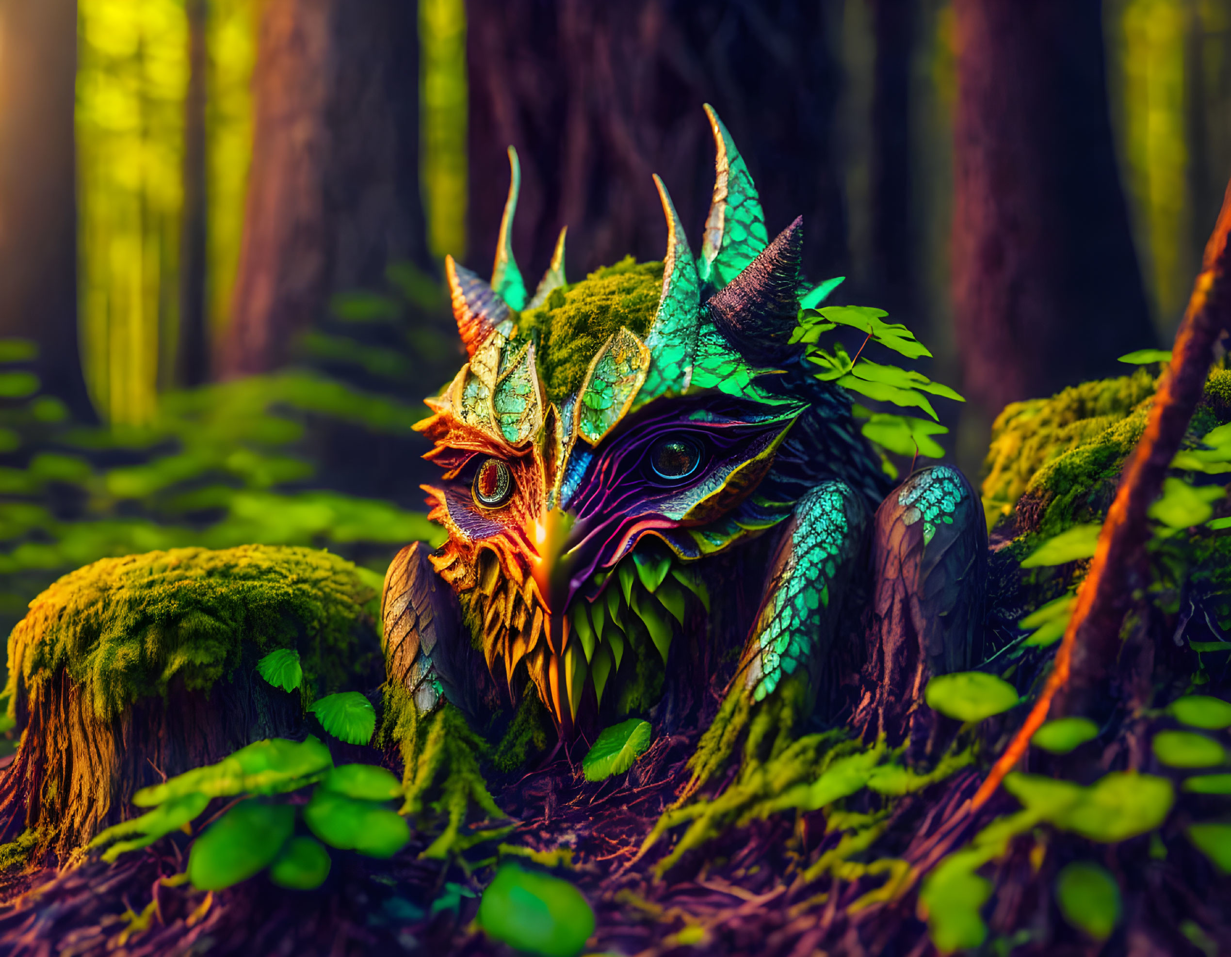 Colorful Dragon Mask Among Green Ferns and Moss in Mystical Forest