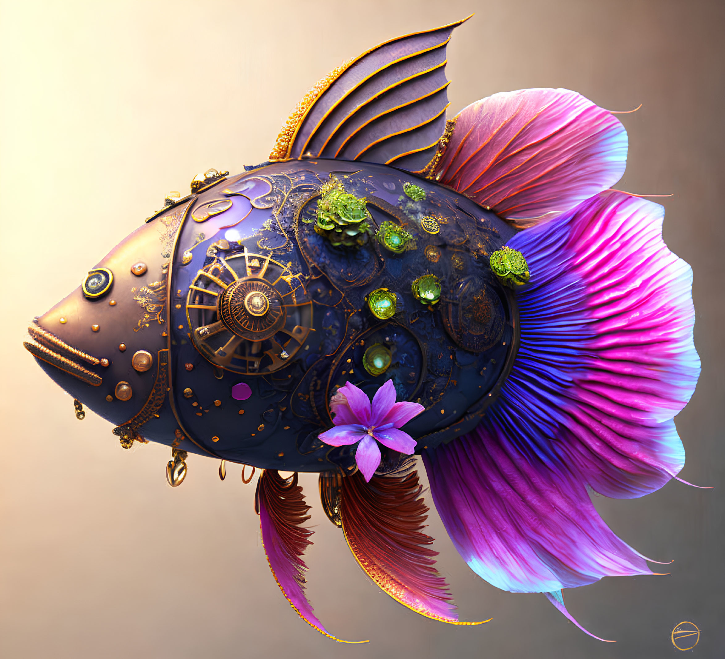 Intricate steampunk fish with metalwork, gears, pink and blue fins