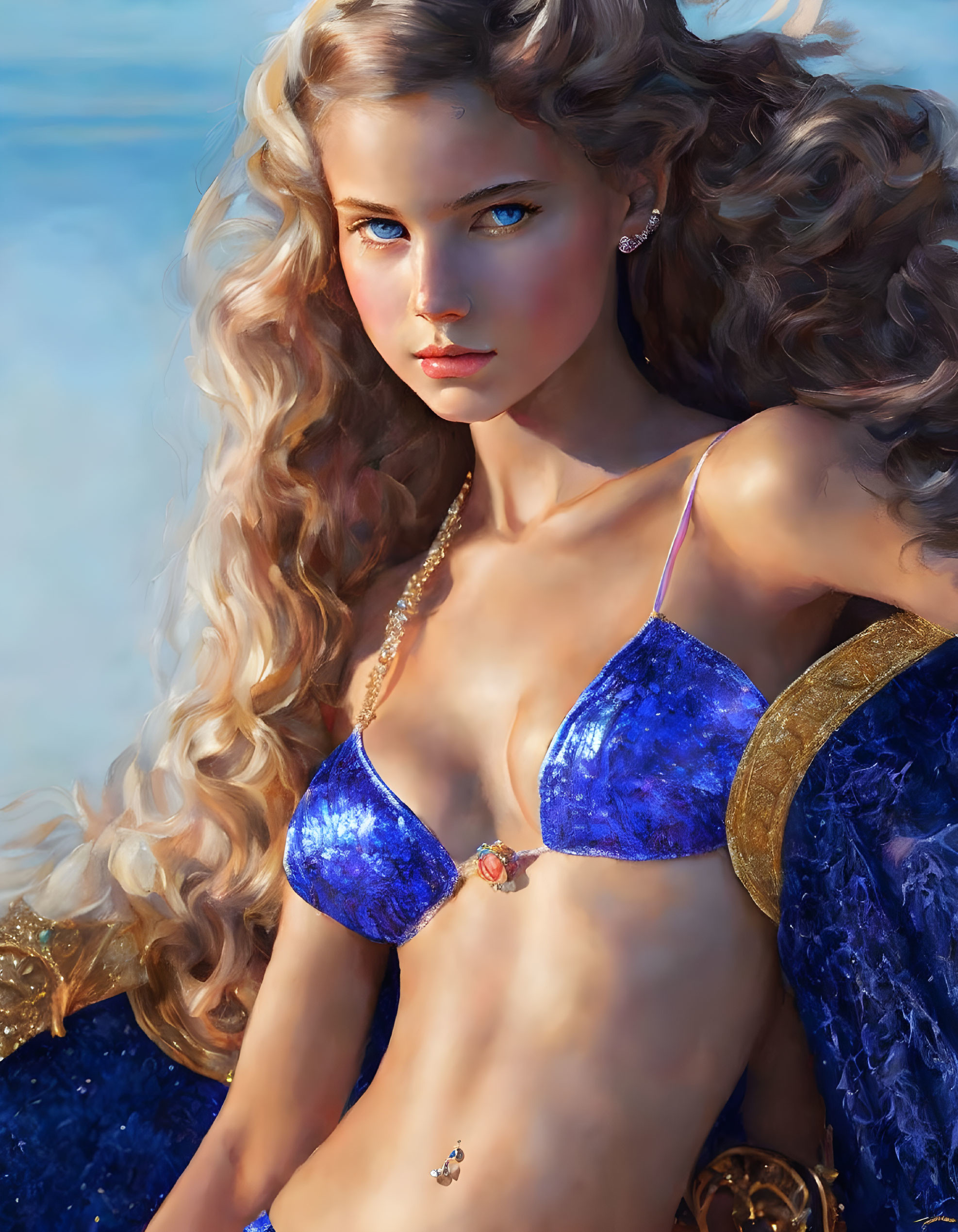 Woman with flowing golden hair and blue eyes in shimmering blue bikini top.