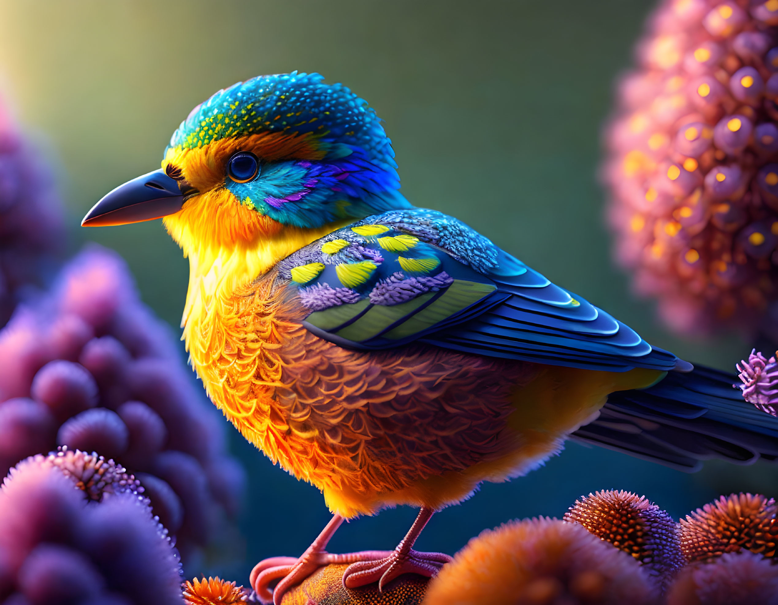 Colorful Bird Perched on Textured Plant