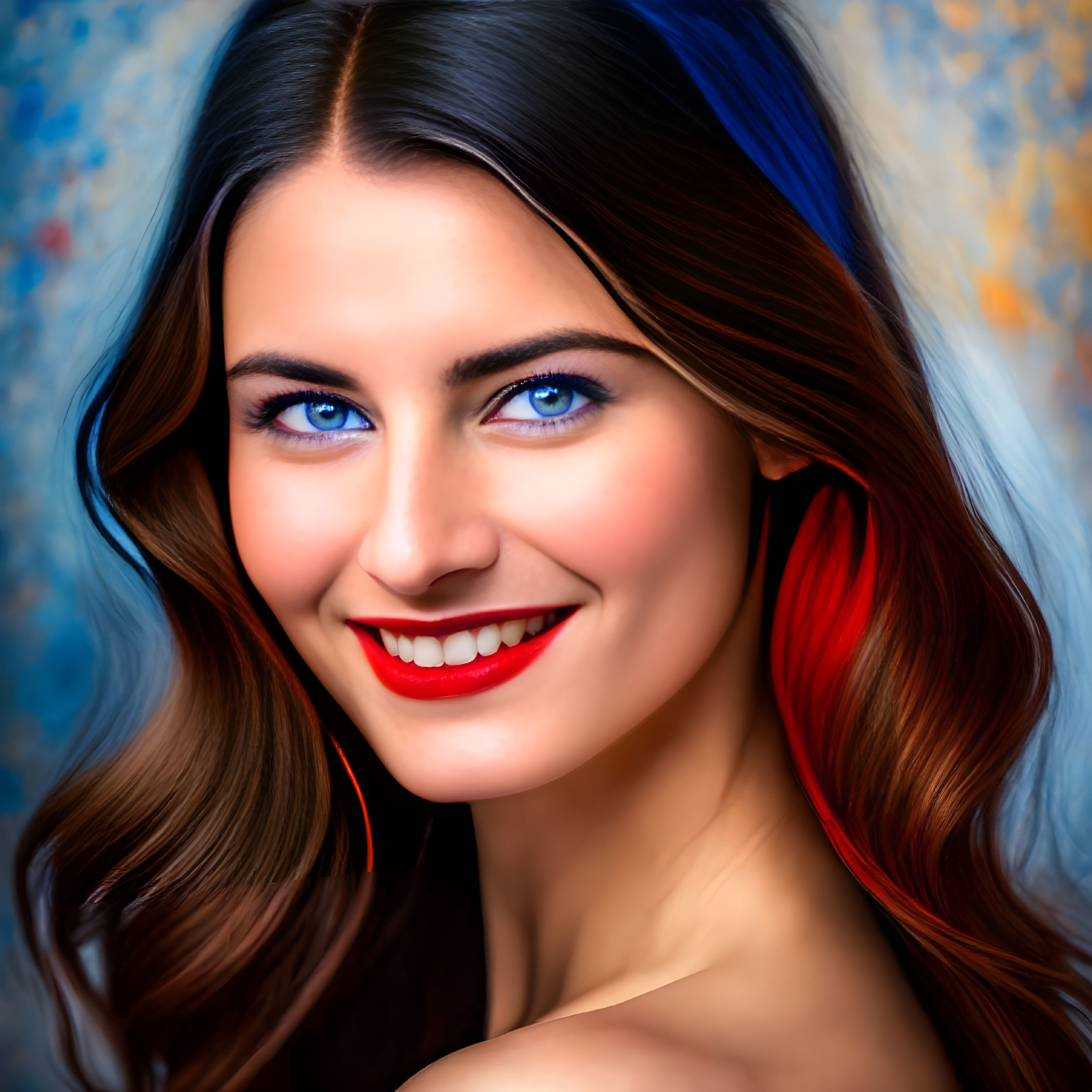 Smiling woman portrait with blue eyes and red lipstick