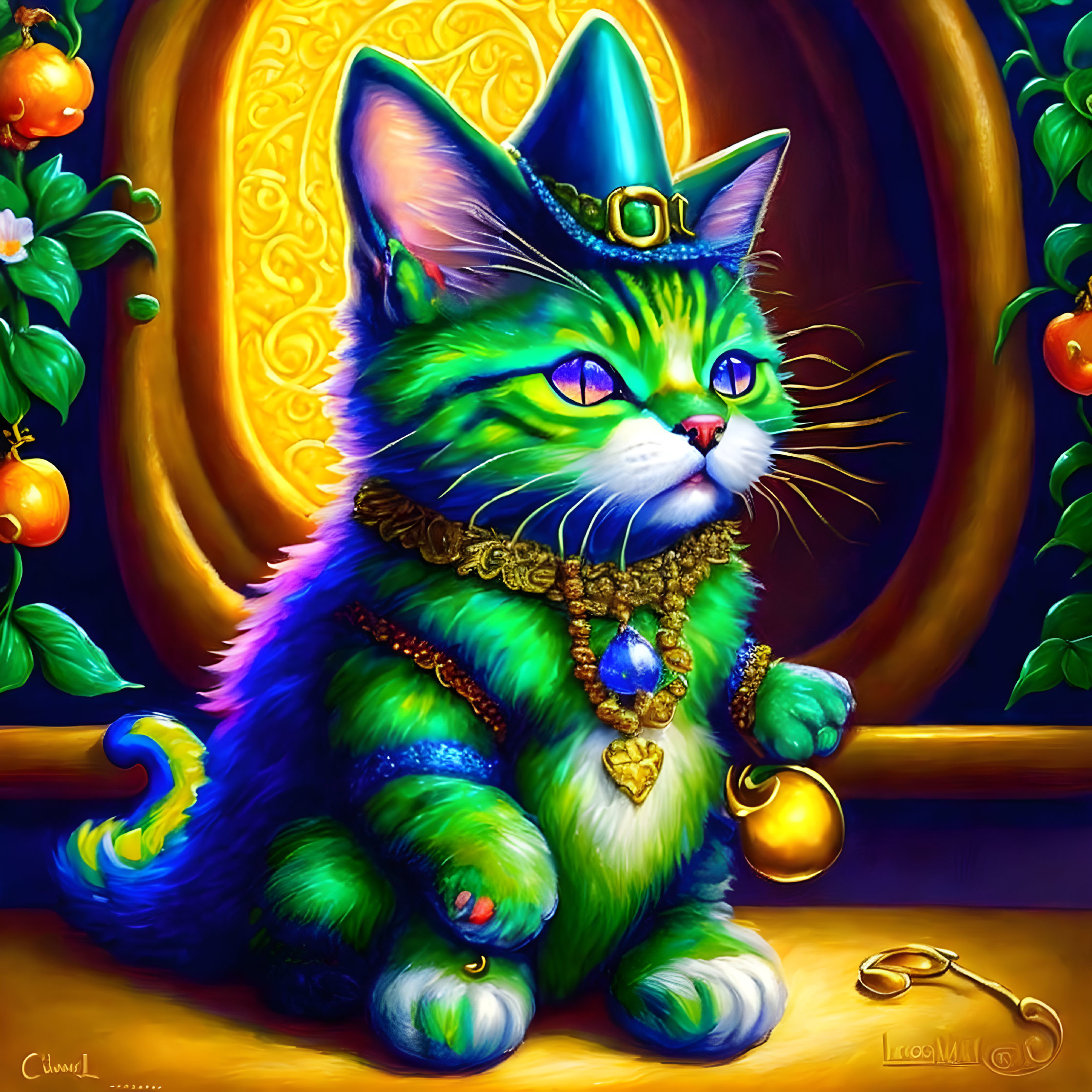 Royal cat illustration with golden crown and scepter in fruit-filled setting