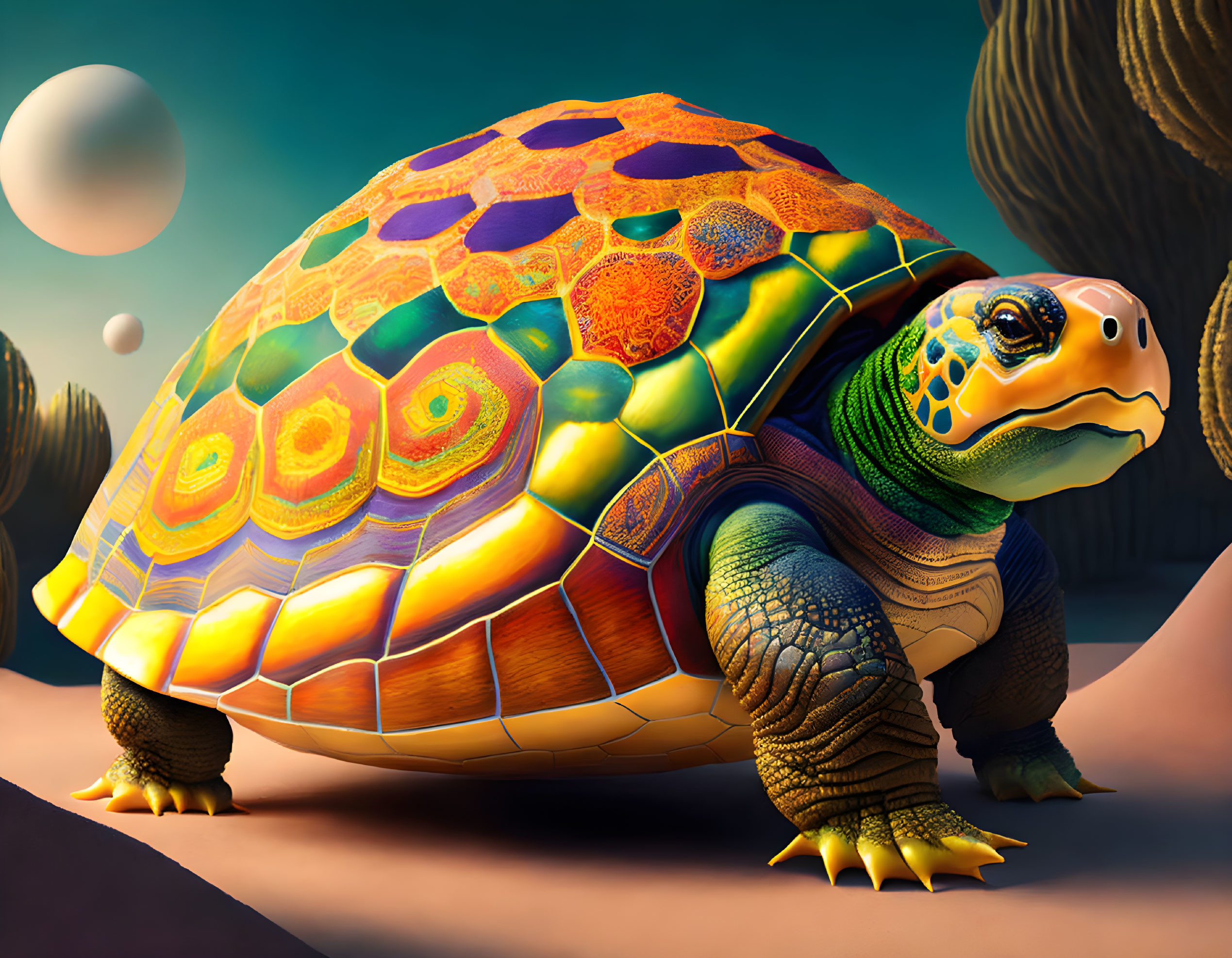 Colorful Turtle Illustration with Ornate Shell in Surreal Setting