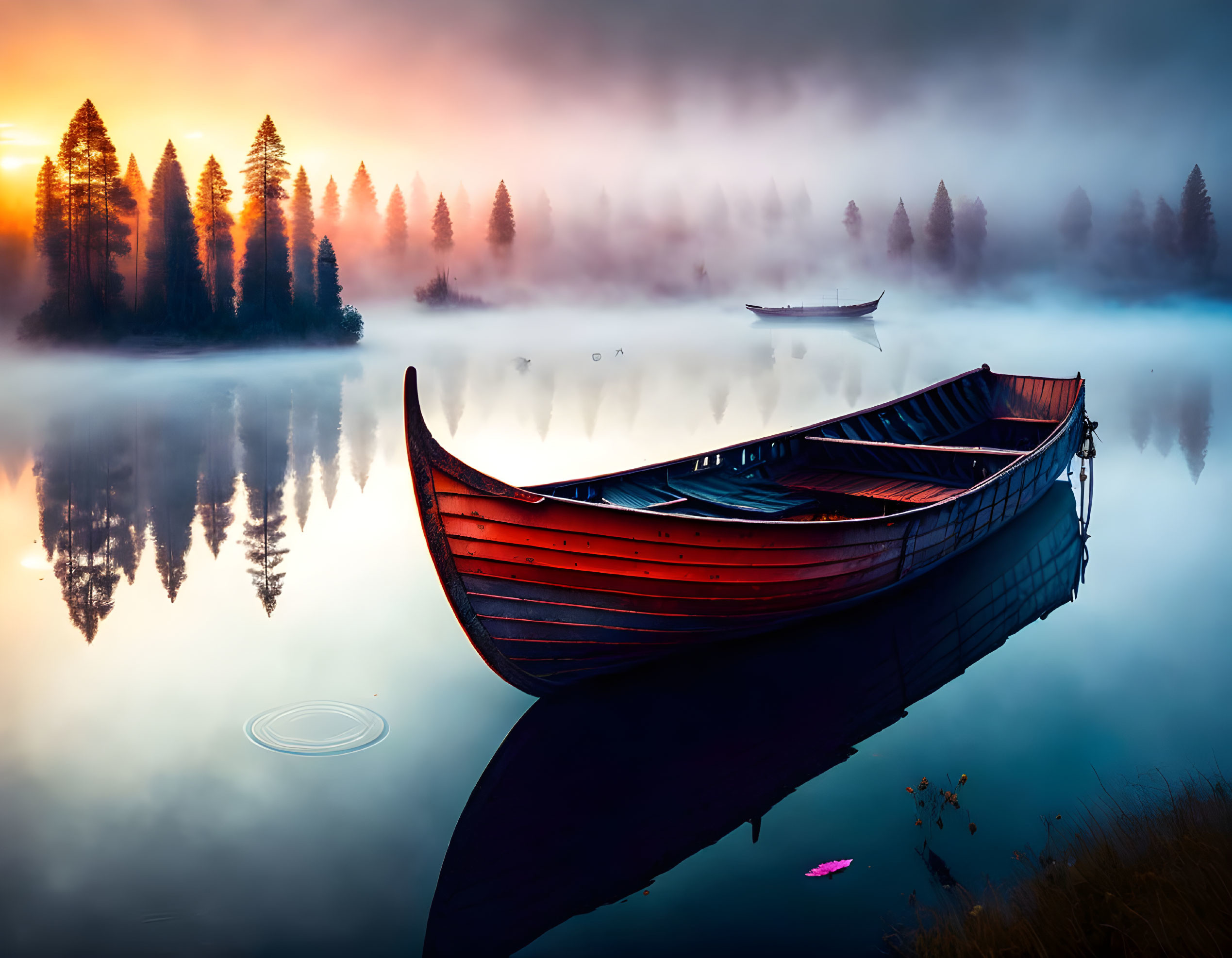 Tranquil lake scene with red boat, misty forest, and sunrise reflections