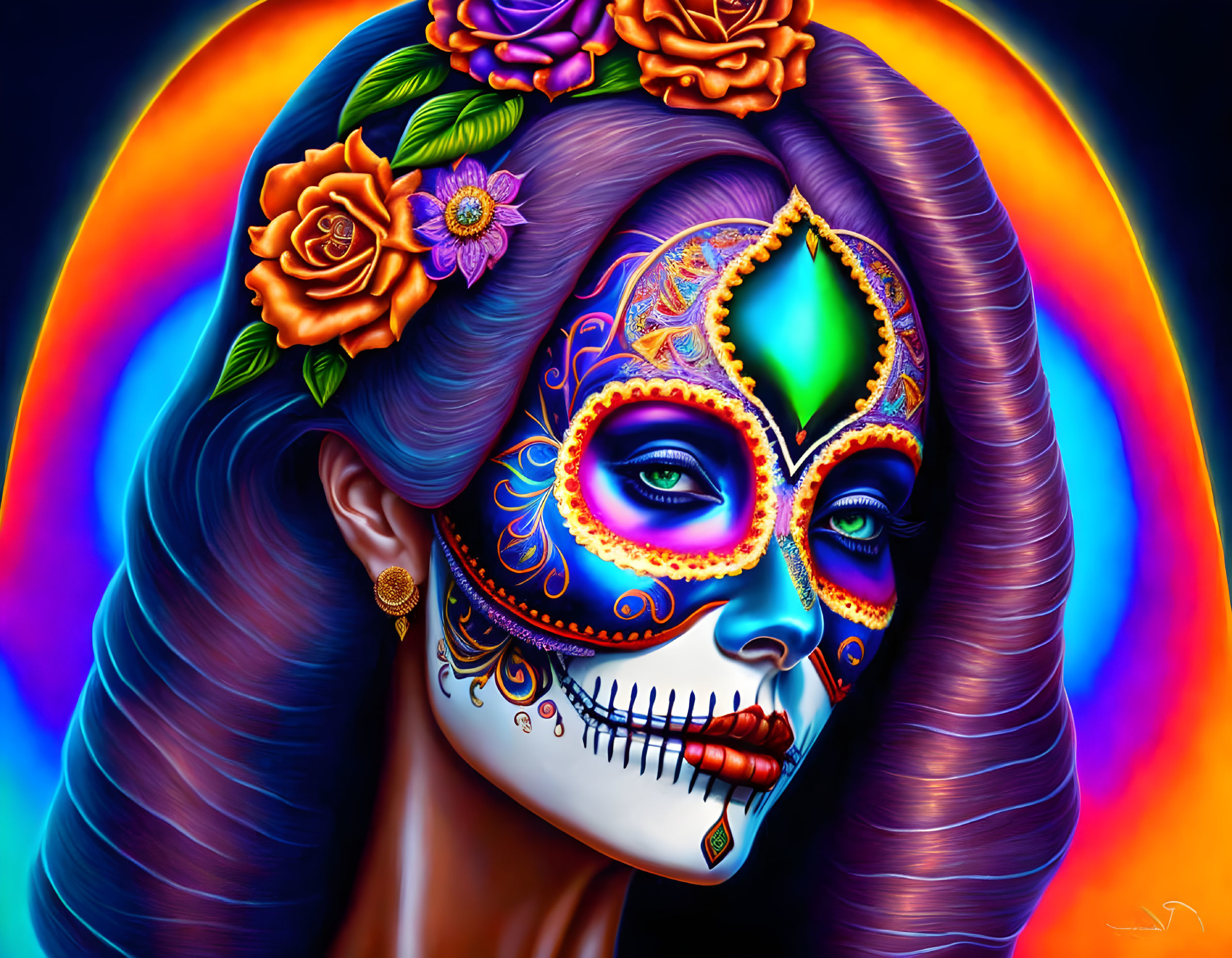 Colorful Dia de los Muertos-inspired woman with floral skull paint