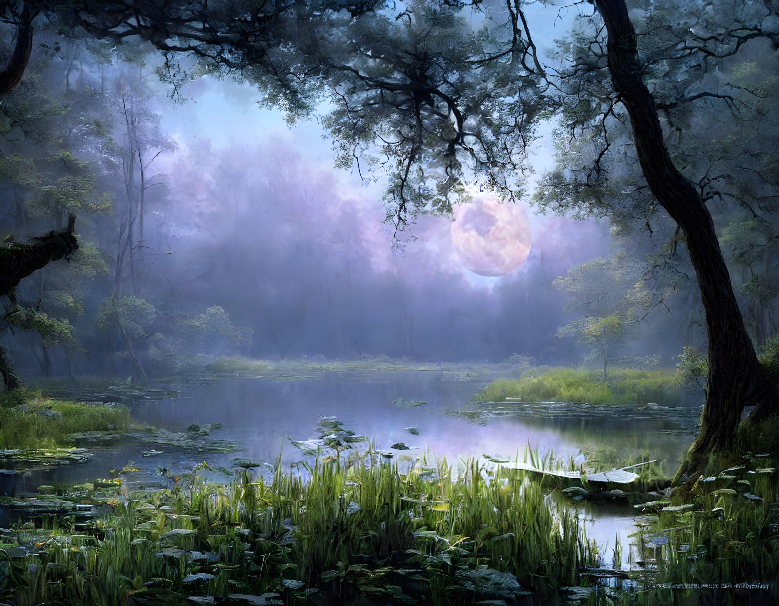 Tranquil moonlit swamp with lush greenery and full moon