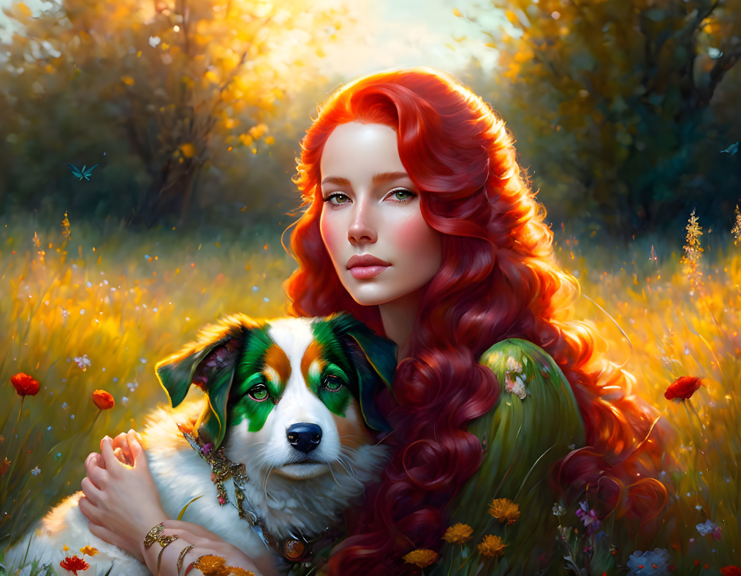 Woman with Red Hair and Tricolored Dog in Sunlit Meadow with Wildflowers