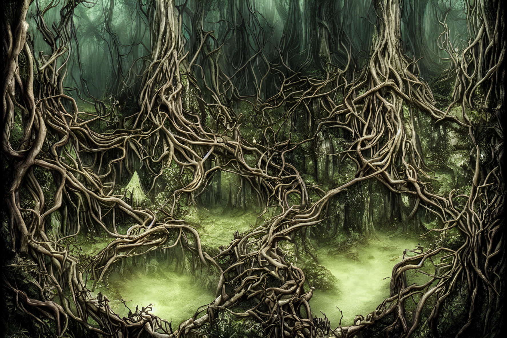 Mysterious Forest Scene with Tangled Trees and Misty Ground