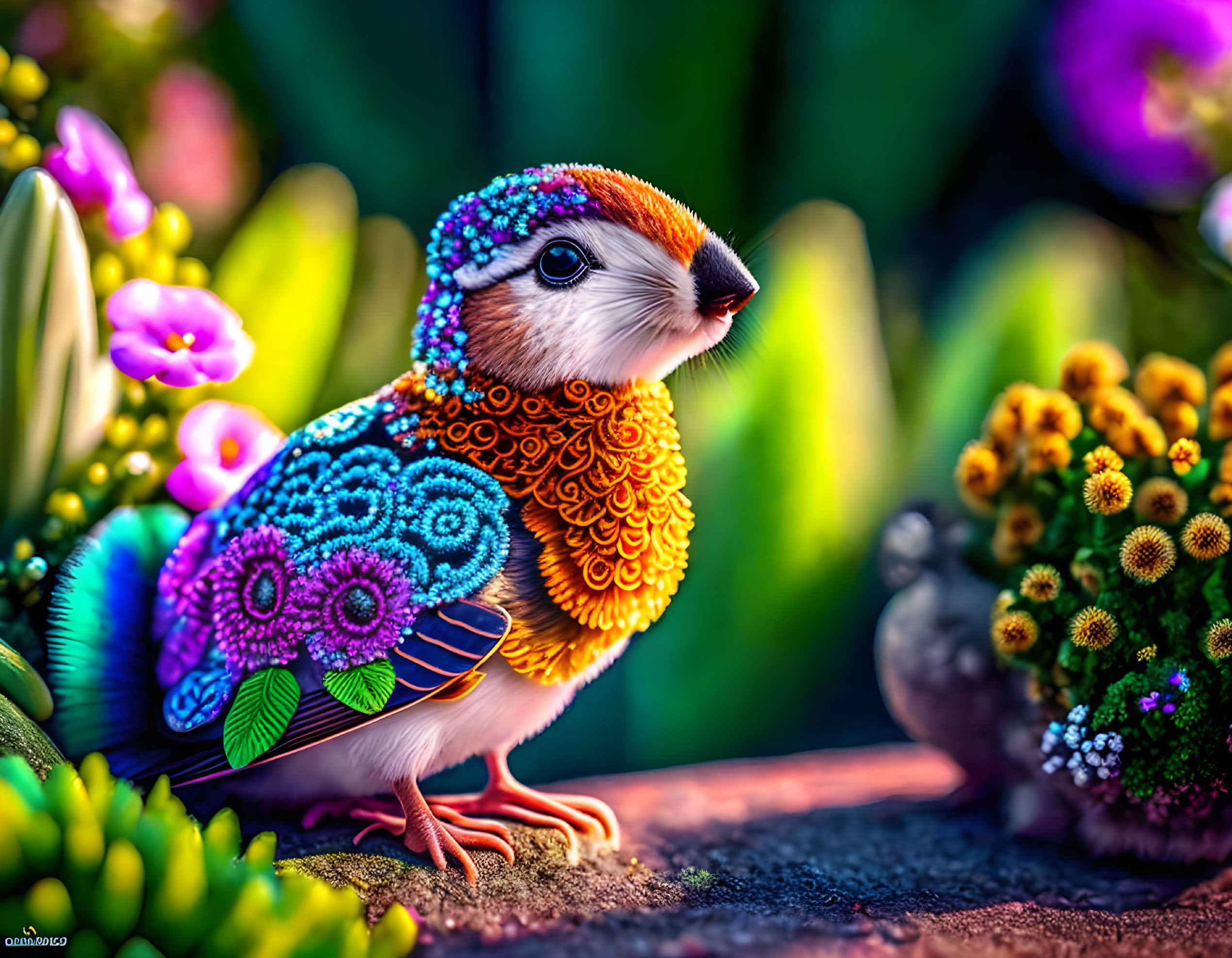 Colorful Bird Artwork with Floral Background