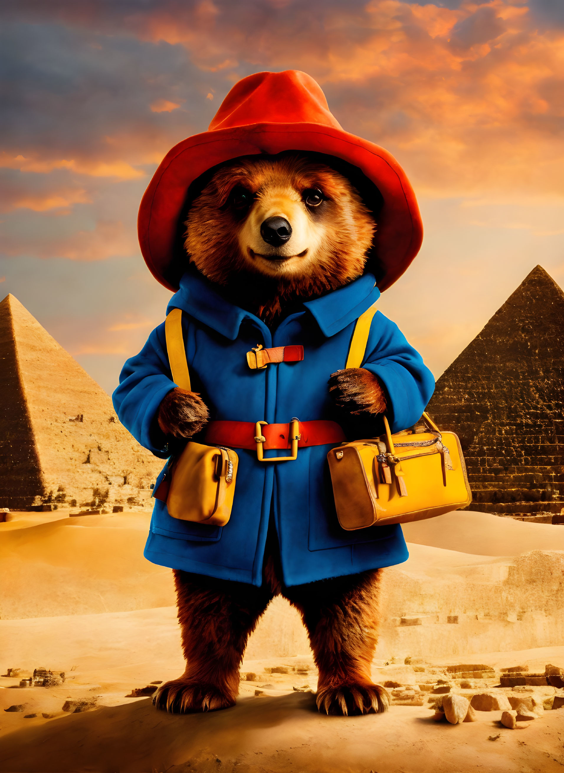 Anthropomorphic bear in red hat and blue coat at Egyptian pyramids