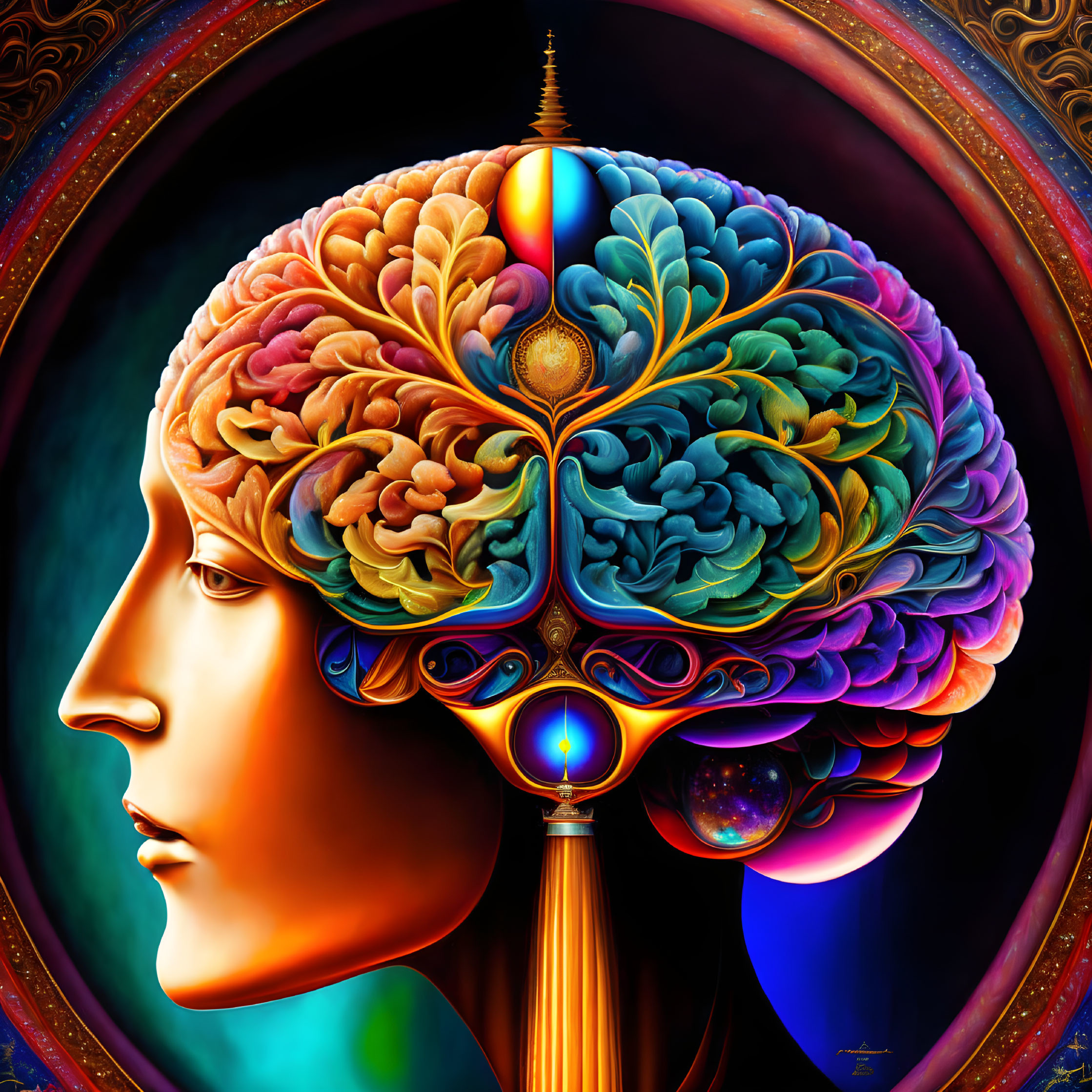 Colorful artistic human profile with ornate brain design.