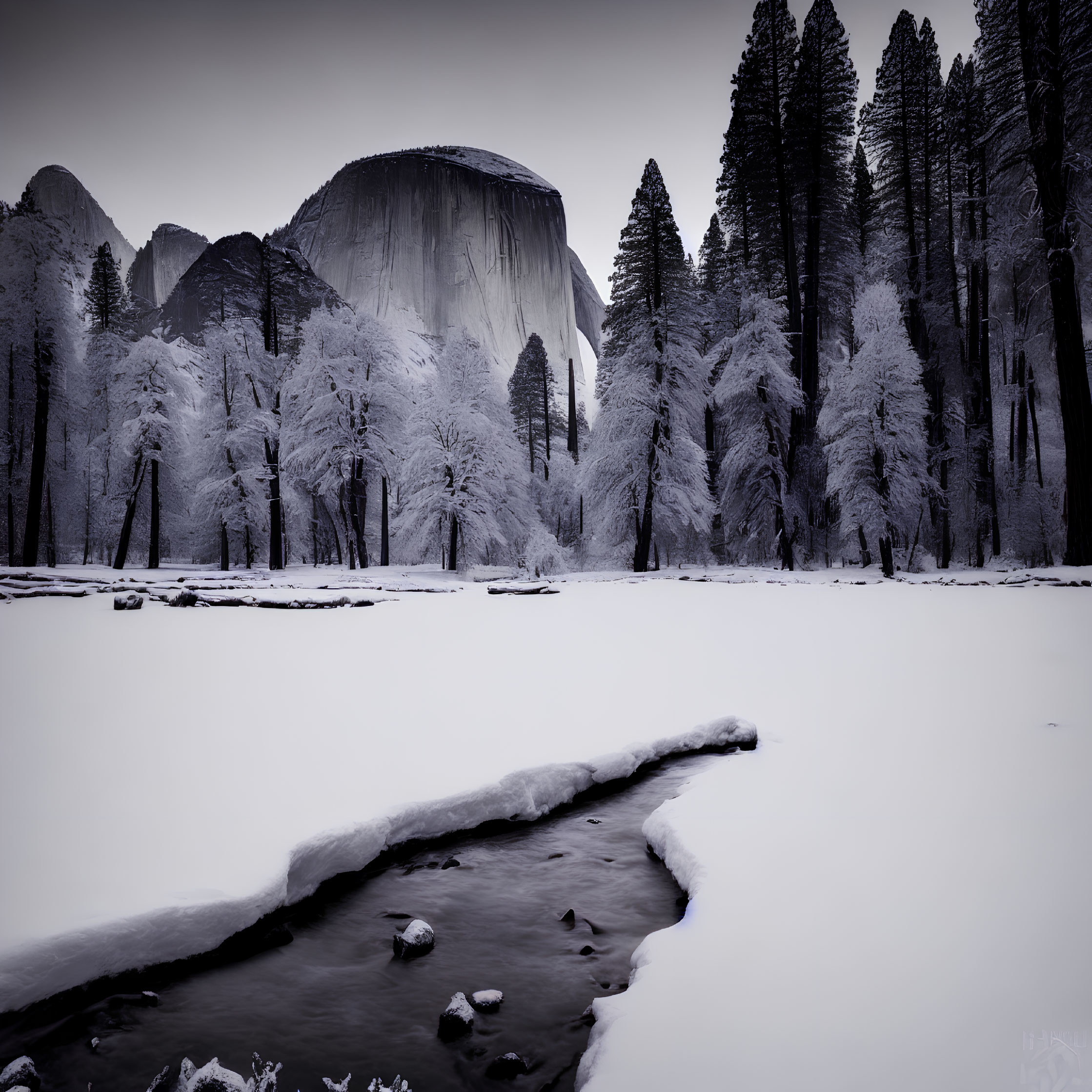 Snowy Landscape with Meandering Stream and Snow-Capped Mountain