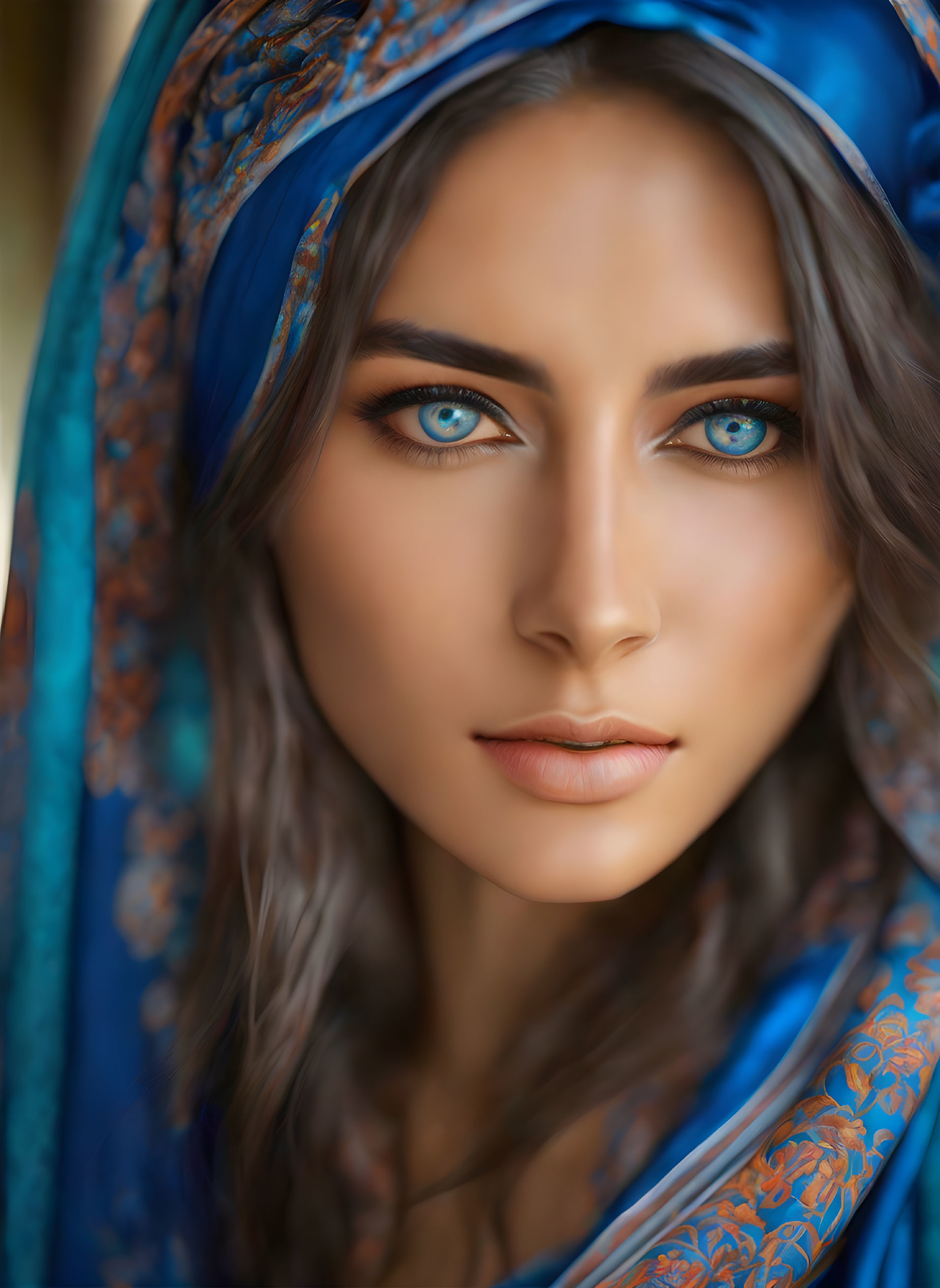 Close-Up Portrait of Woman with Striking Blue Eyes and Blue Headscarf