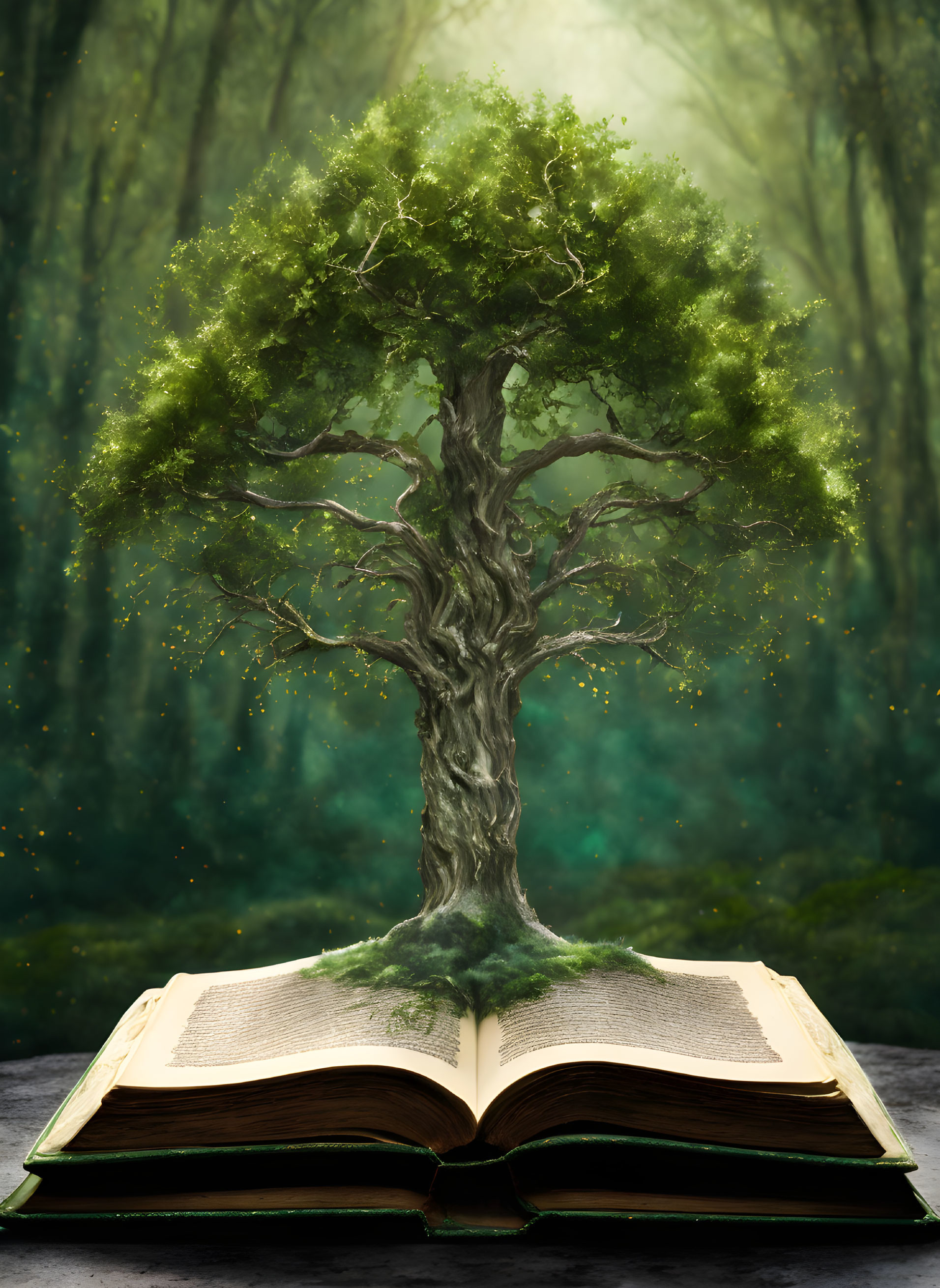 Majestic tree growing from open book in ethereal forest