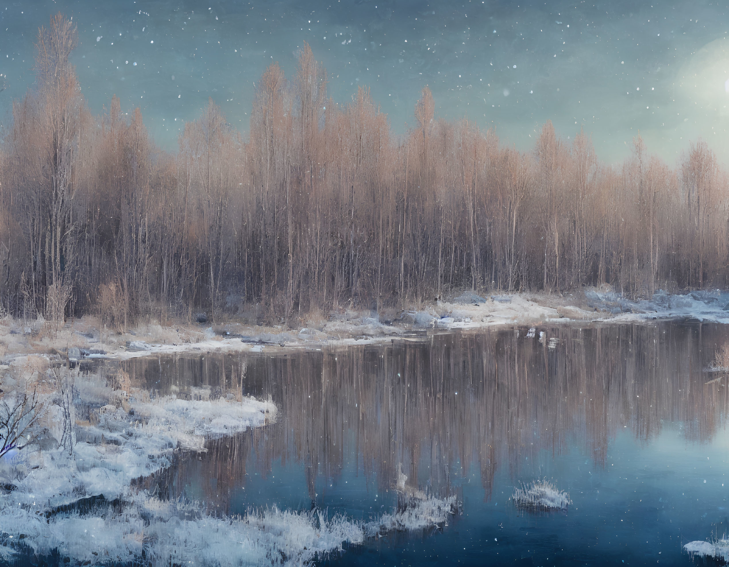 Winter forest reflected in river under starry sky with snow-covered banks