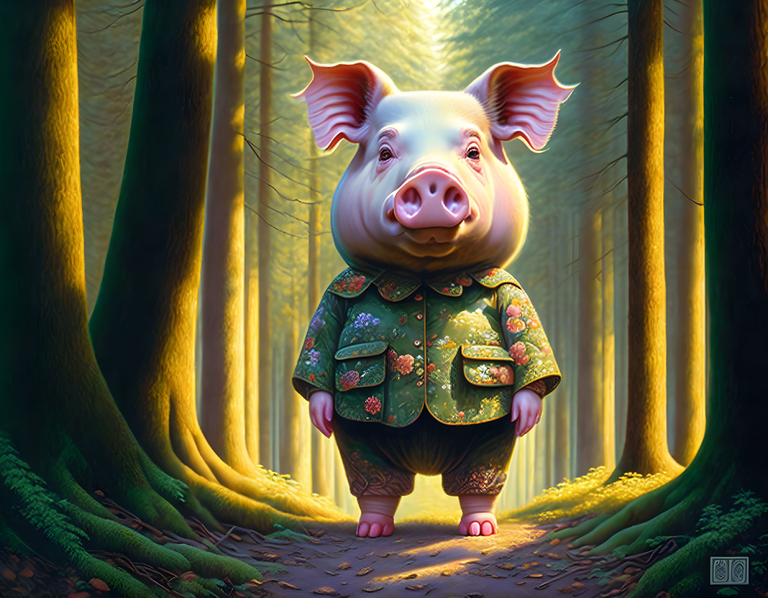 Anthropomorphic pig in floral jacket in serene forest setting