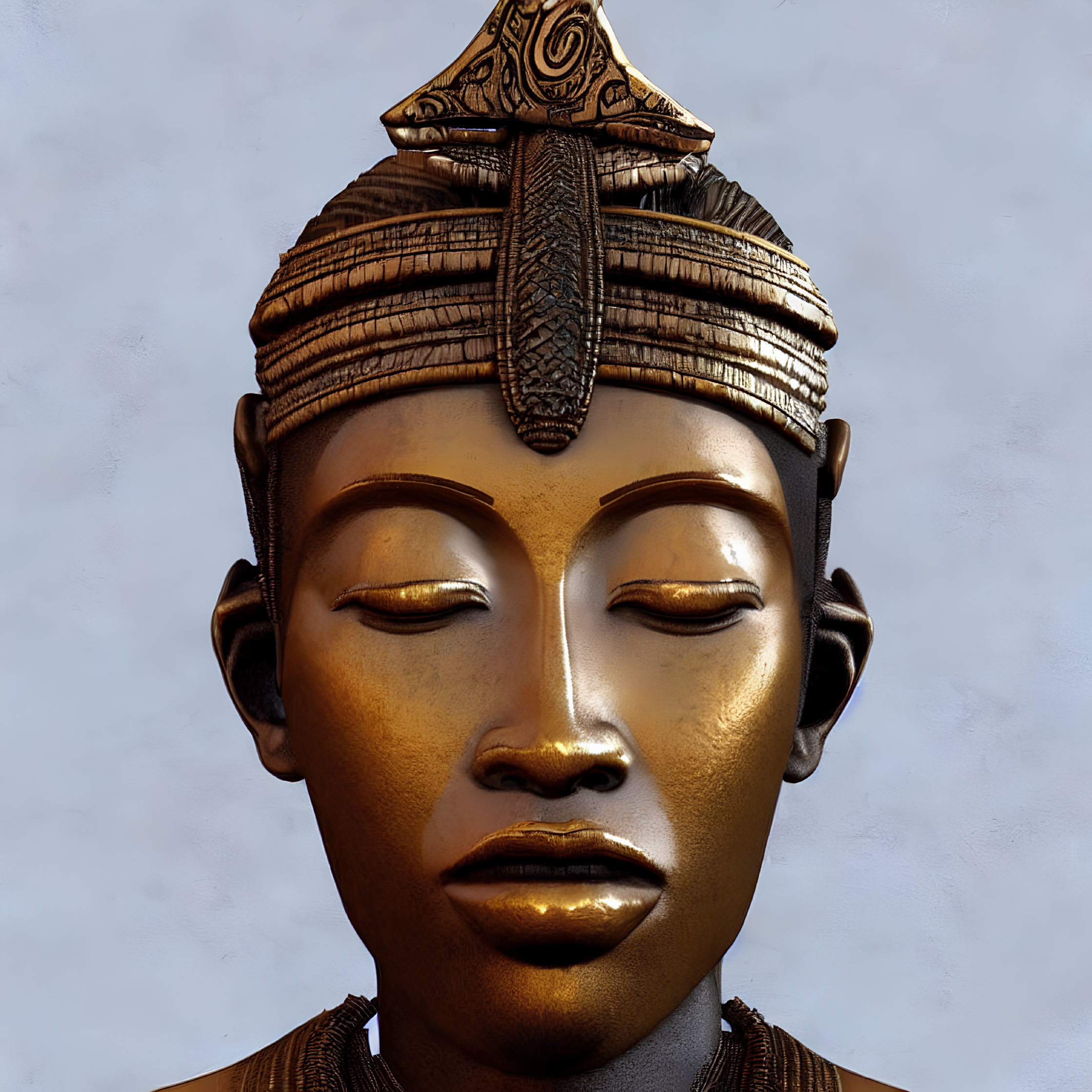 Golden sculpted bust with intricate headdress and serene expression.