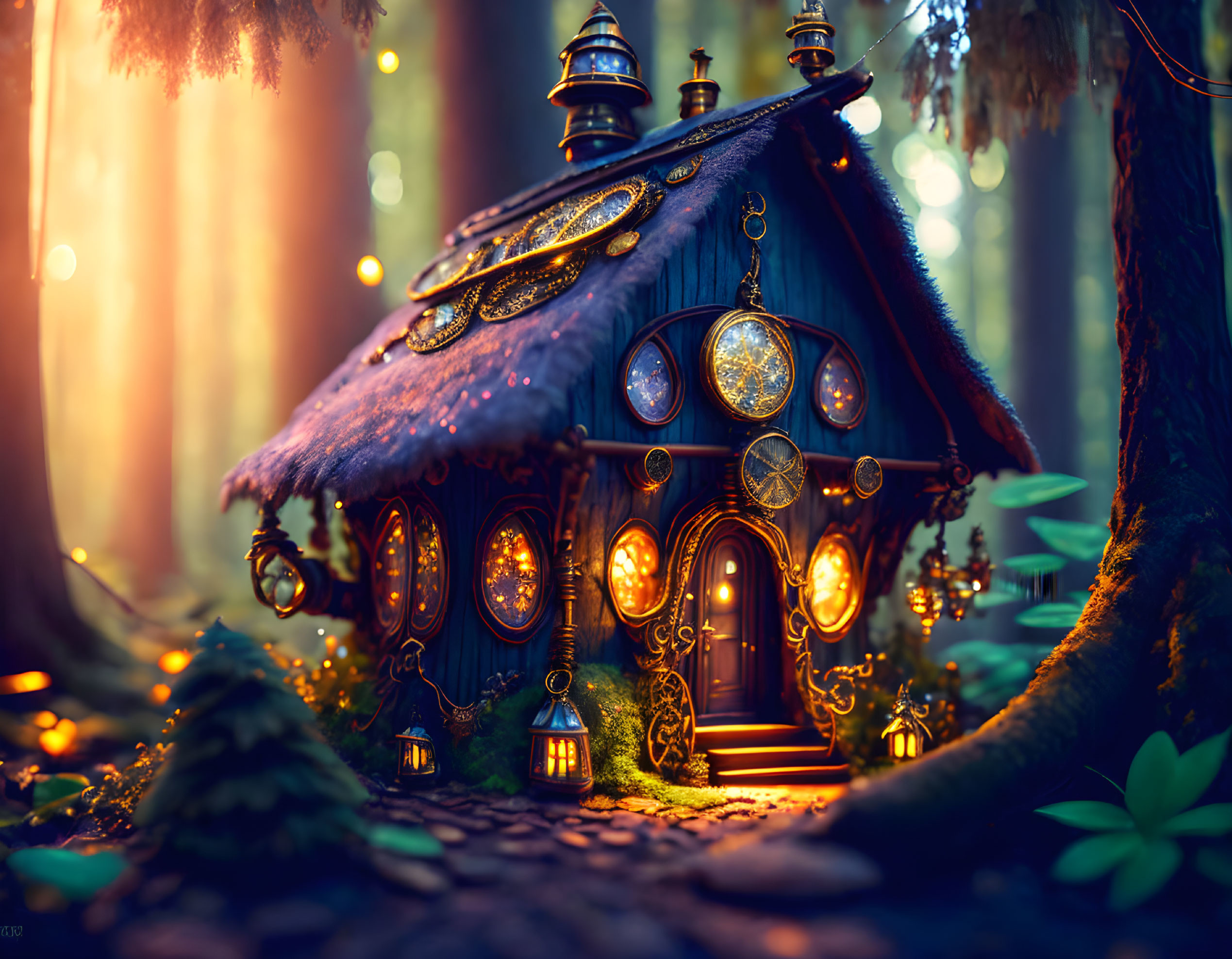 Enchanting fairytale house in mystical forest with warm lights