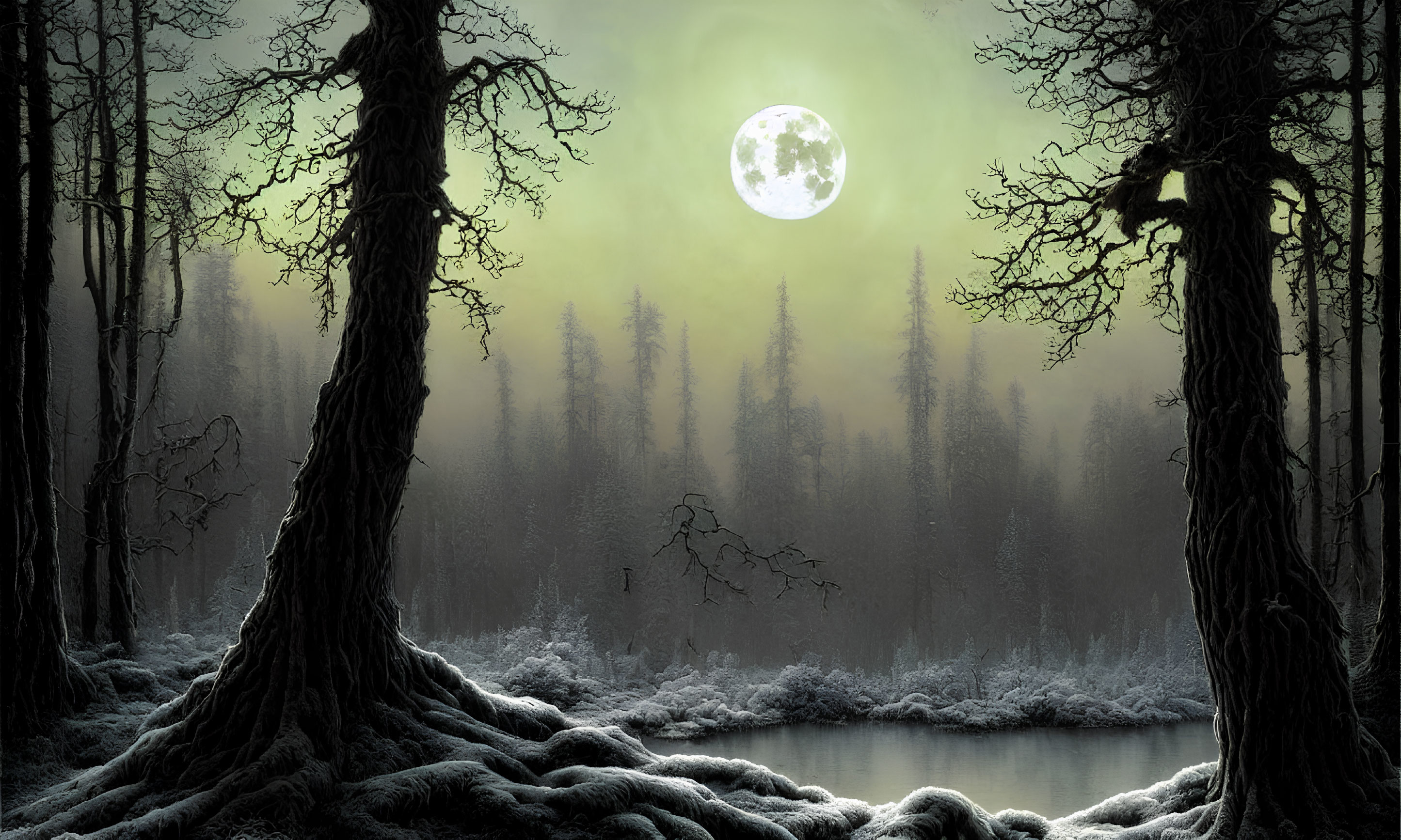 Moonlit foggy forest with silhouetted trees, gnarled roots, and serene lake