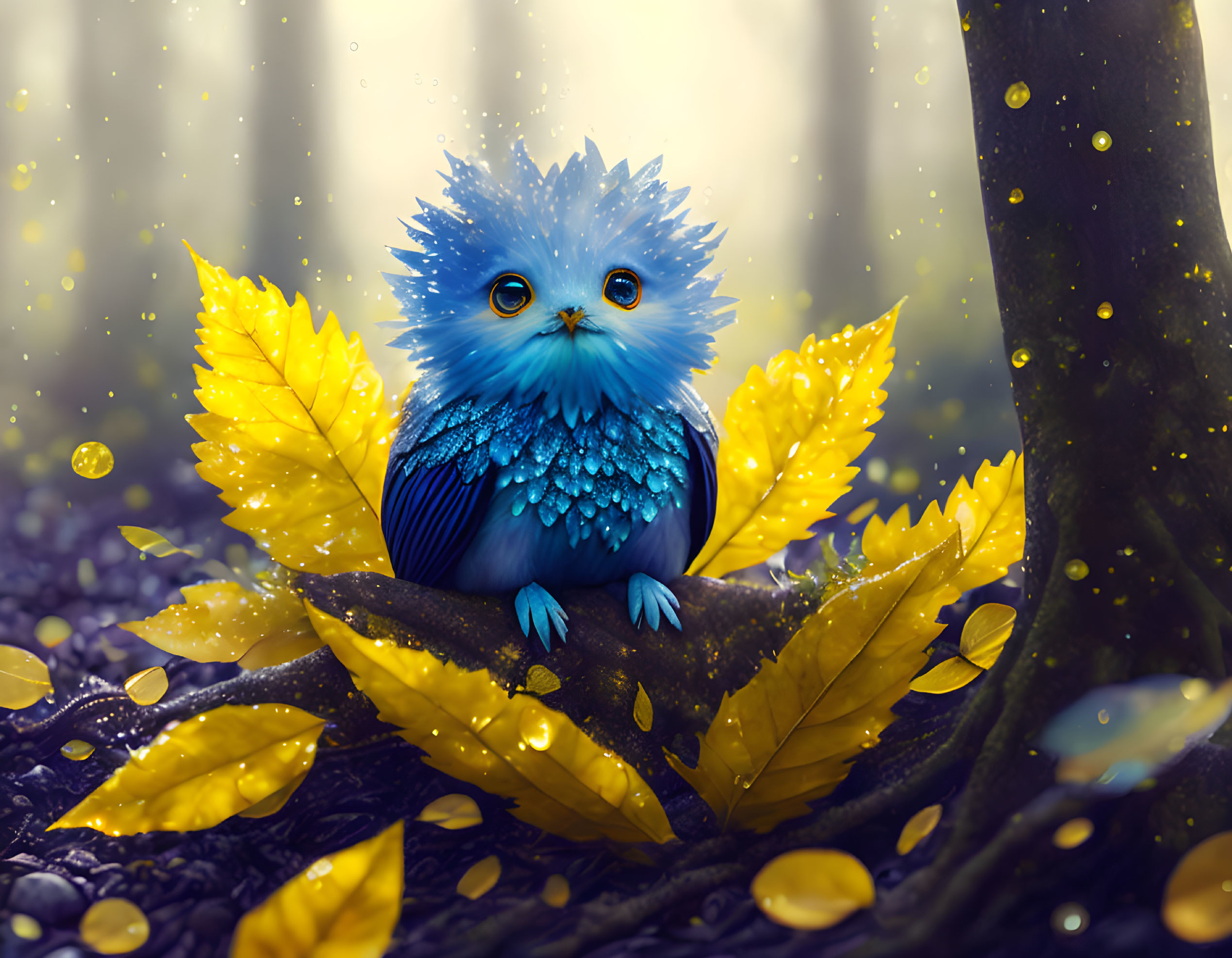 Blue whimsical creature in enchanted forest with raindrops and yellow leaves