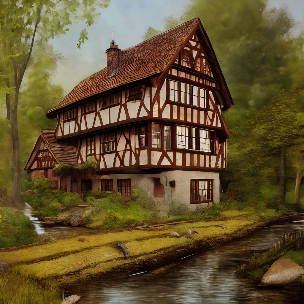 Half-Timbered House in Forest with Cross-Gabled Roof