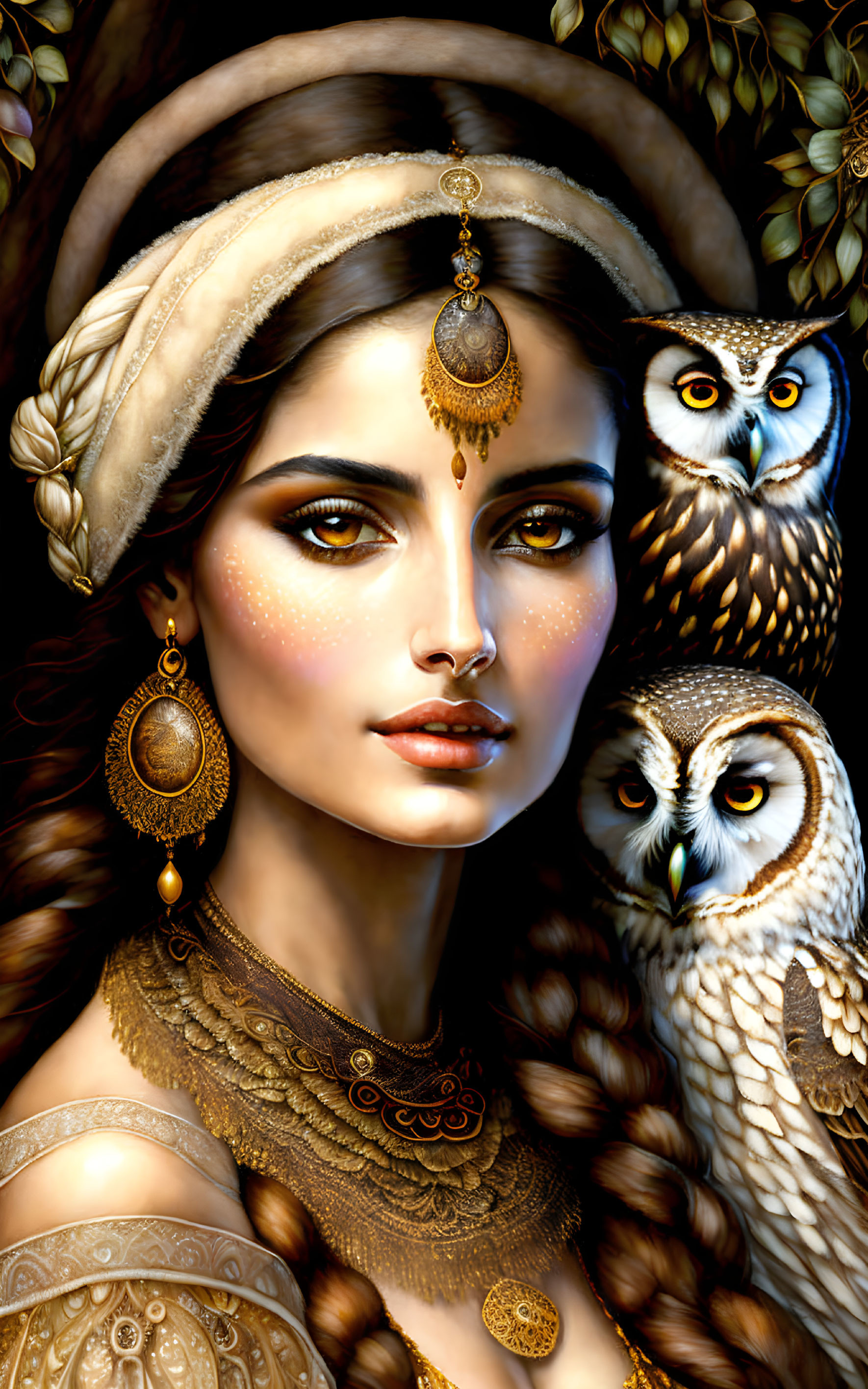 Digital Artwork: Woman with Gold Jewelry, Headdress, and Owls on Dark Background