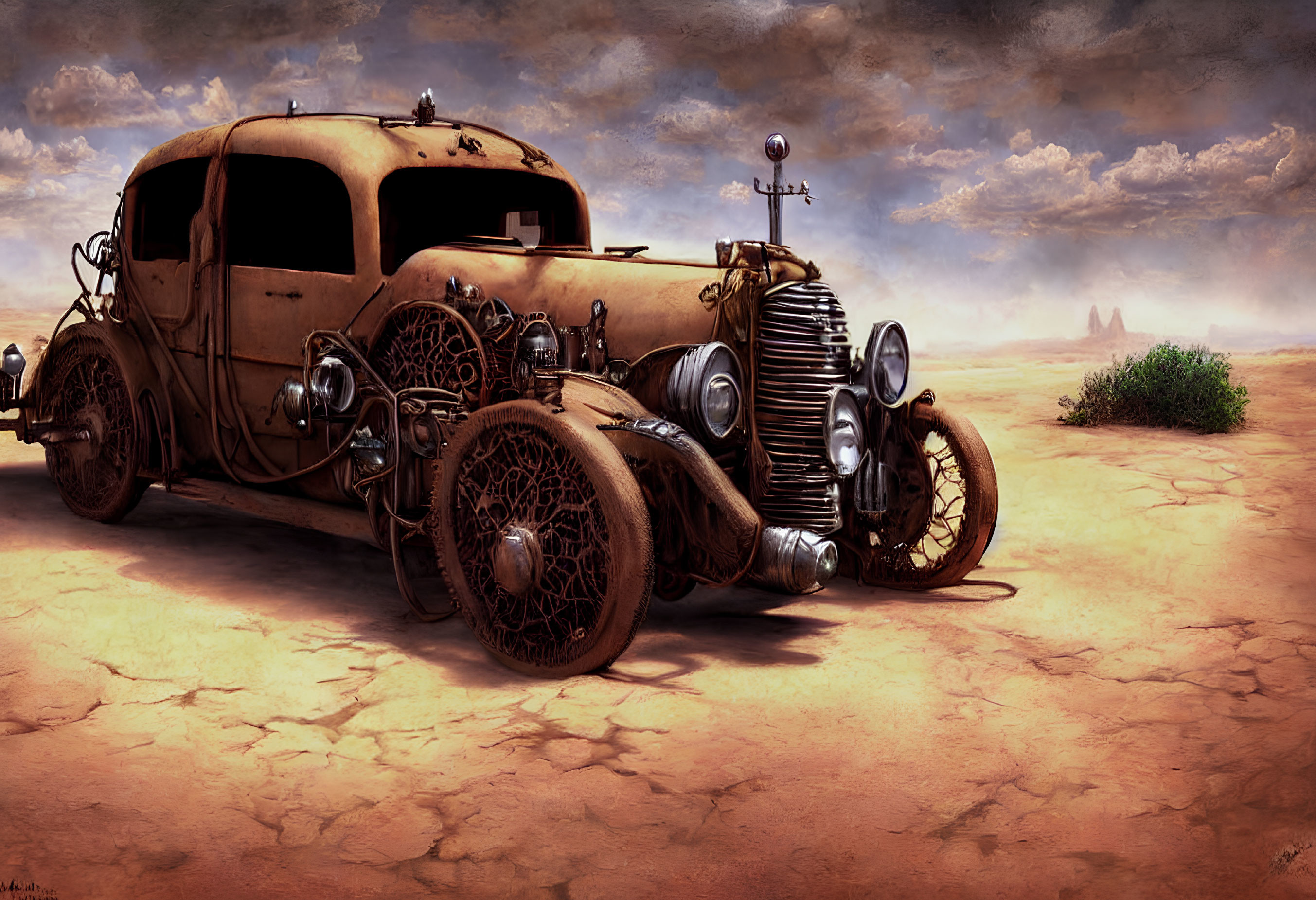 Steampunk-style vehicle on desert landscape with gears and pipes