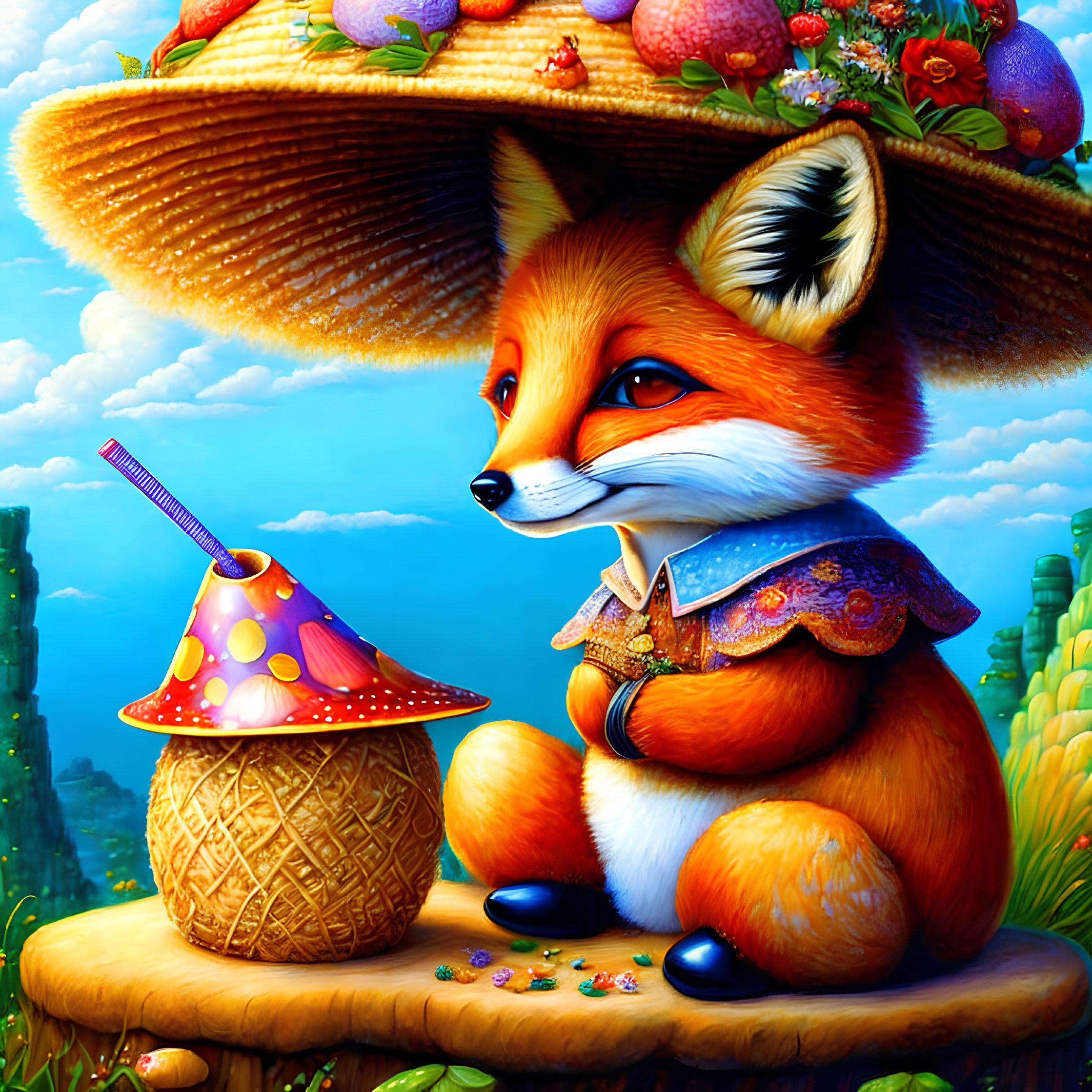 Colorful Illustration of Fox in Hat with Mushroom and Straw