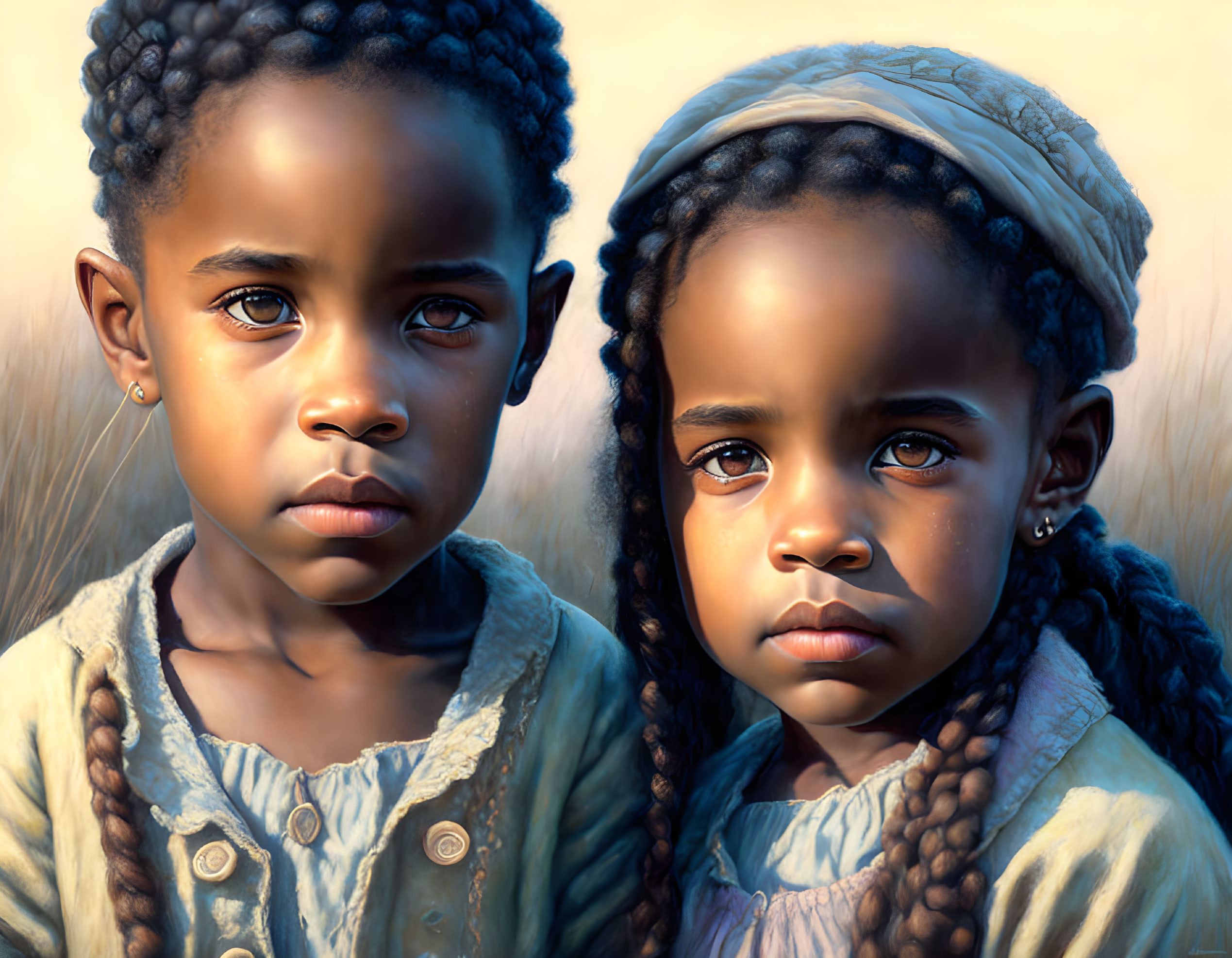 Young girls with braided hair in intense gaze in golden-lit field