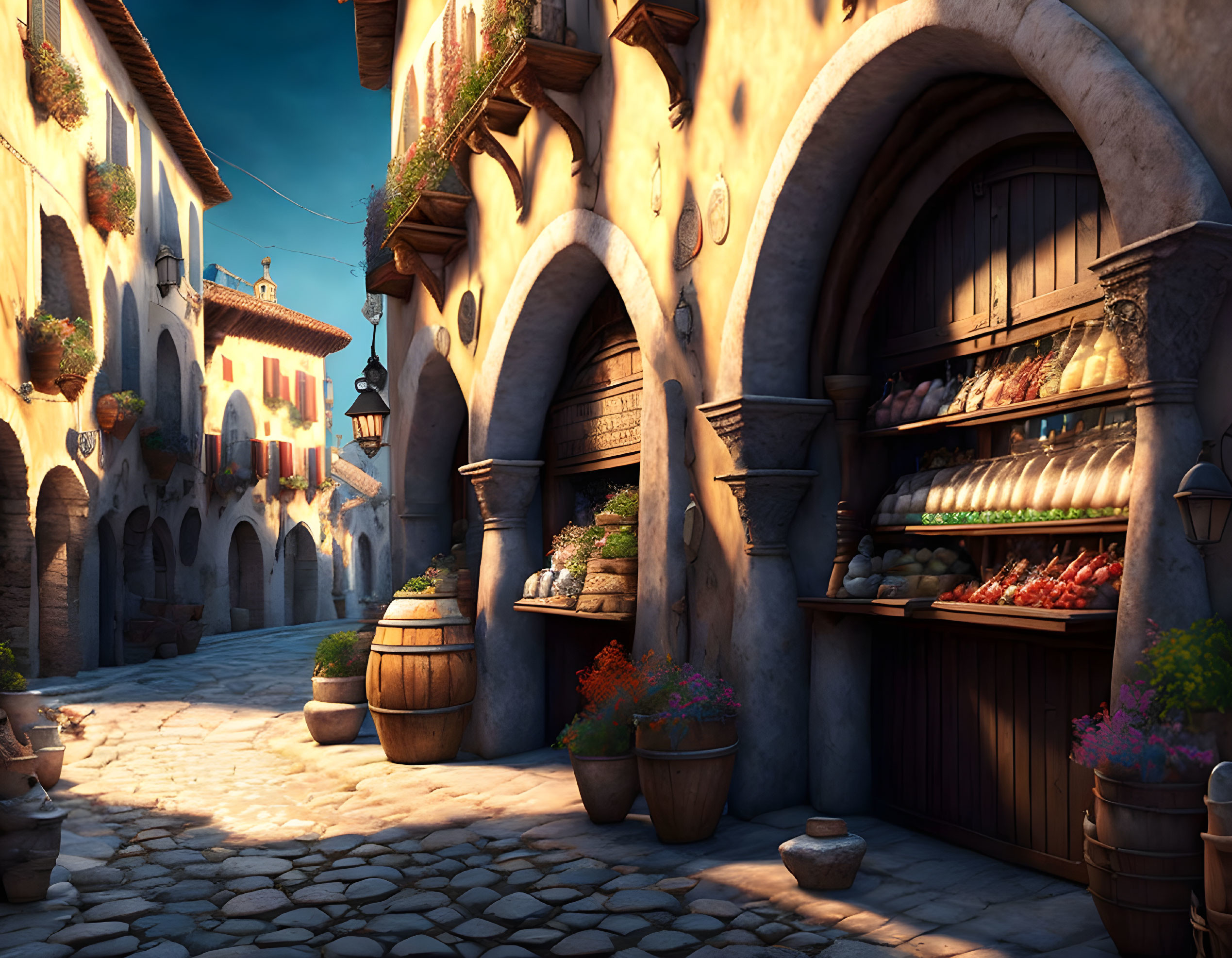 Charming cobblestone street with old-world buildings and sunlit market.