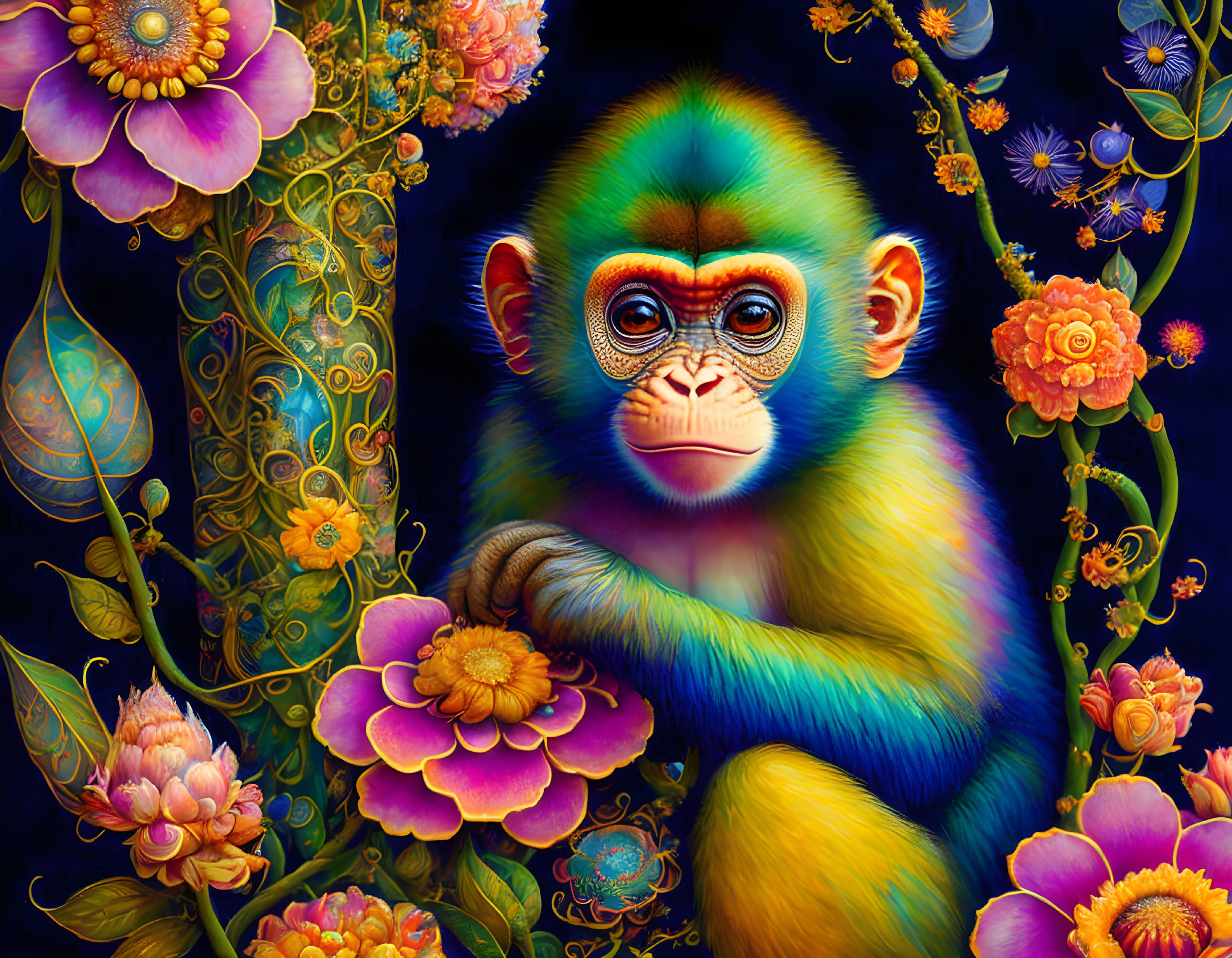 Vibrant monkey illustration with floral patterns on dark background