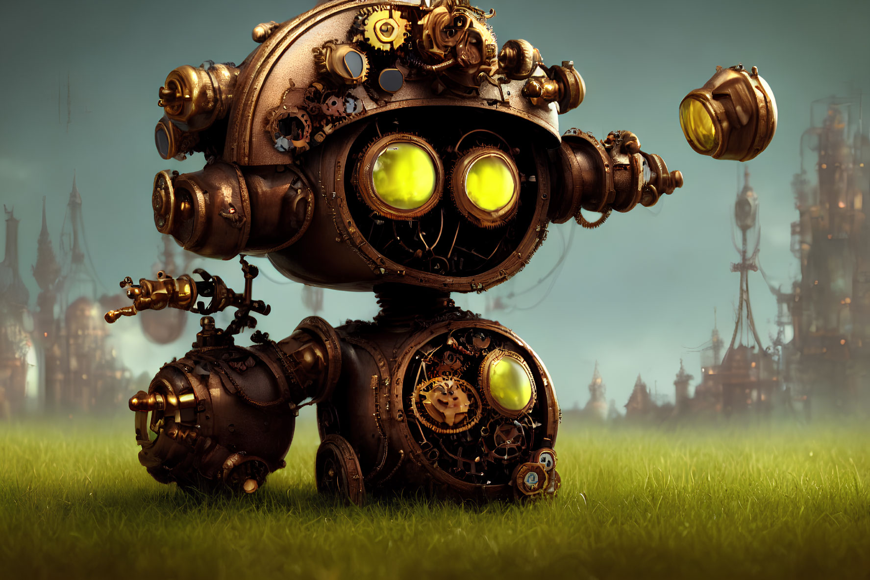 Steampunk robot with glowing yellow eyes on grass near industrial towers