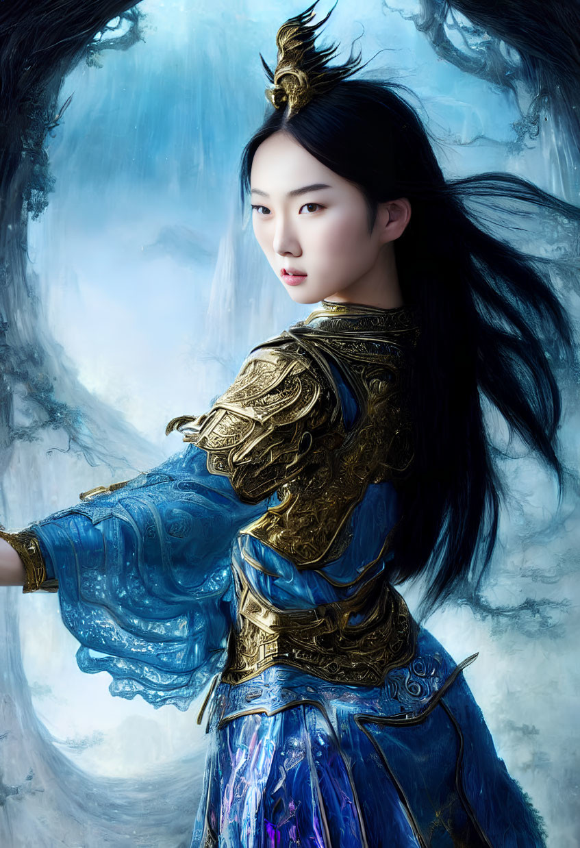 Elaborate blue and gold traditional armor on woman in icy backdrop