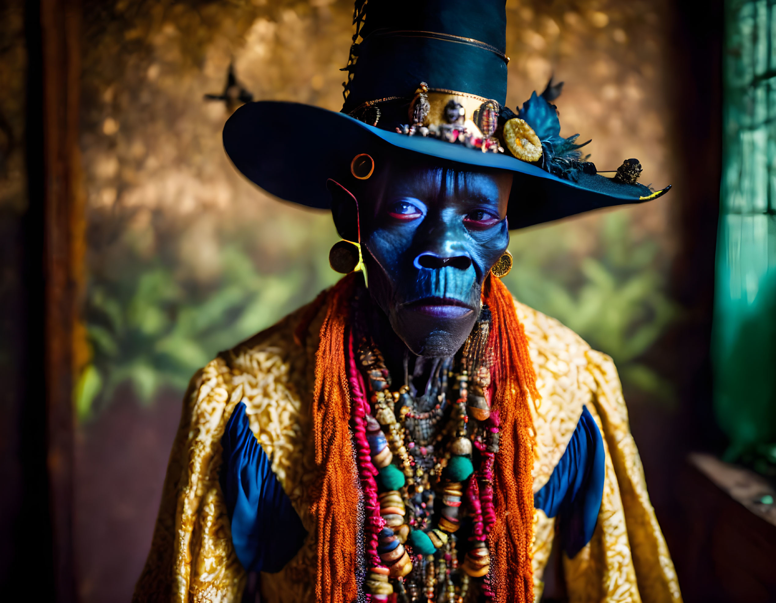 Blue face paint, ornate hat, and beaded accessories on person in blurred background